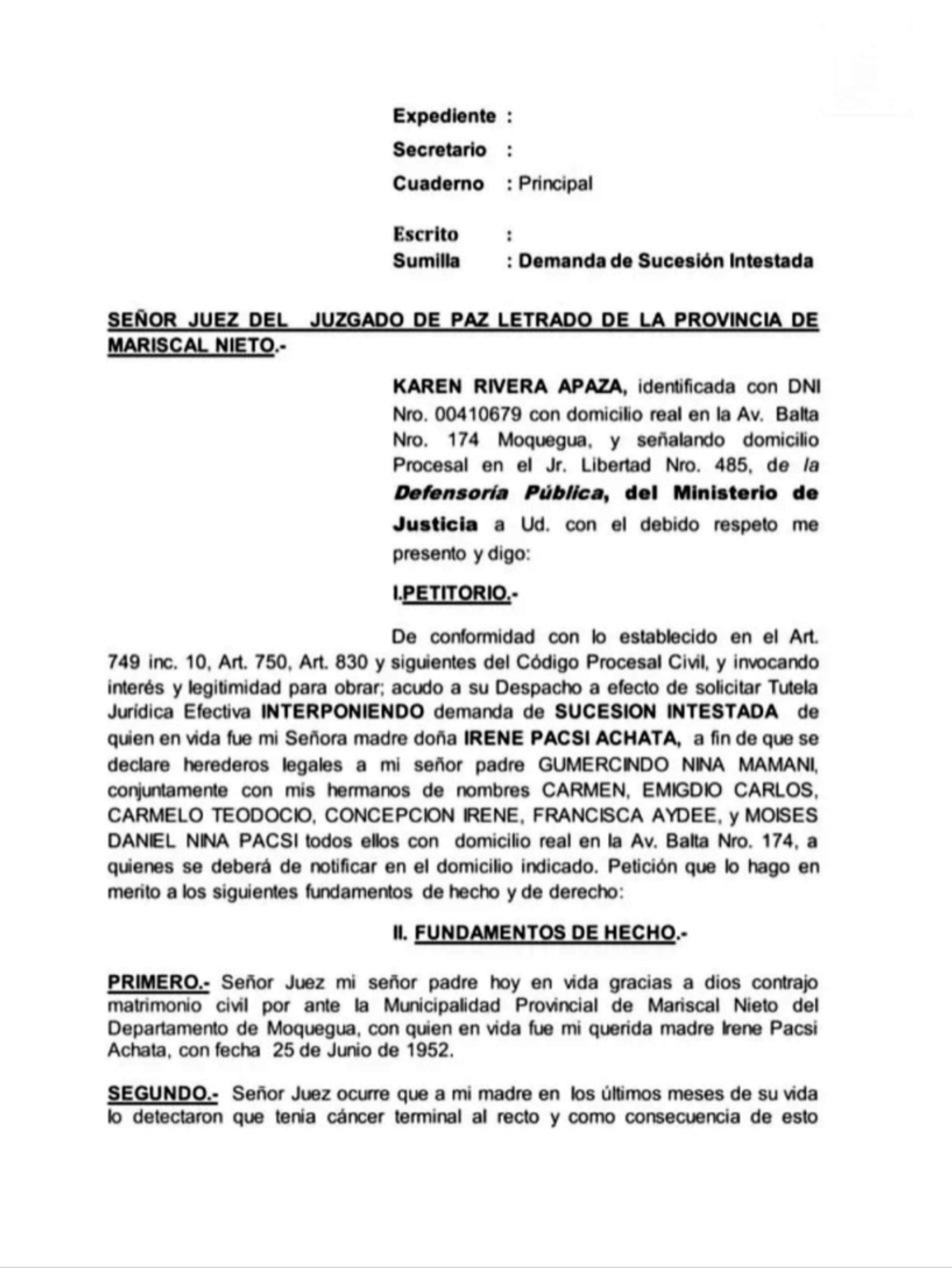 Demanda DE Sucesion Intestada-VIA Judicial - Expediente : Secretario ...