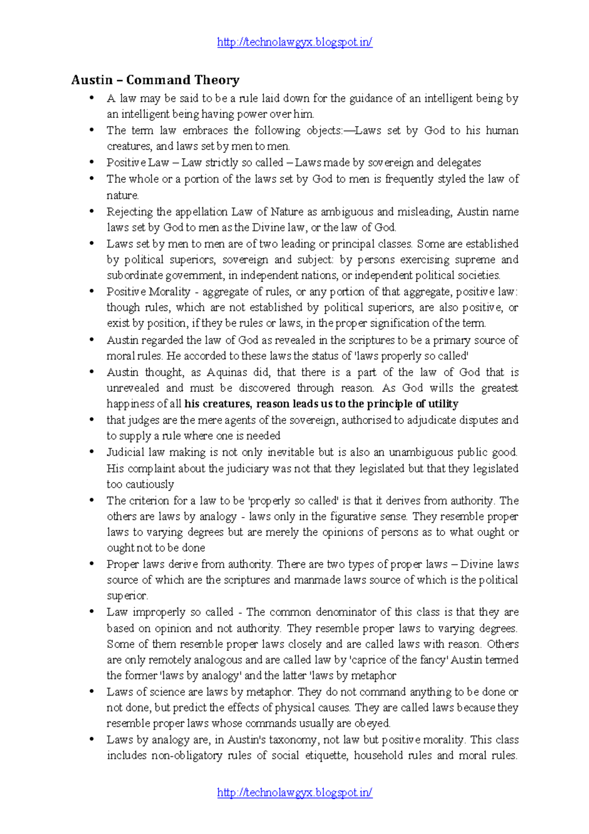 Jurisprudence Notes - Austin – Command Theory A law may be said to be a ...