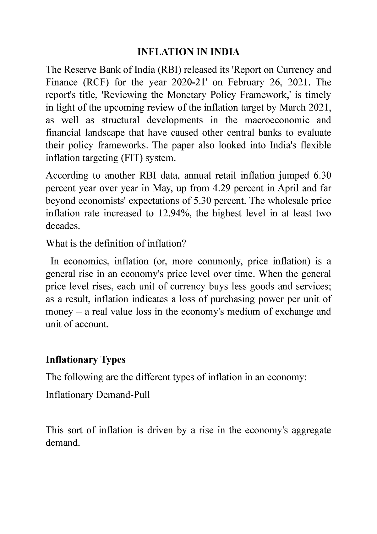 essay on inflation in india 2022