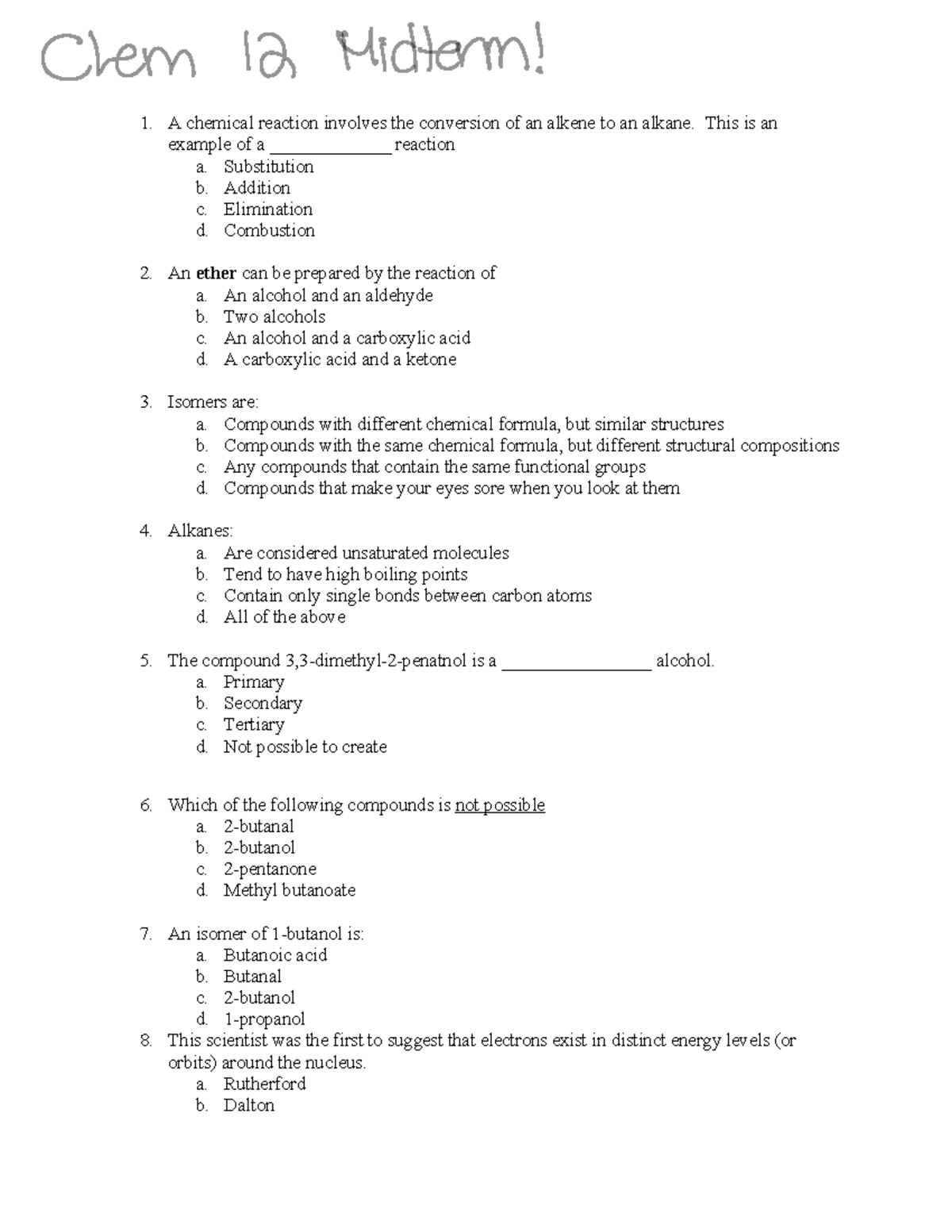 SCH4U midterm london 2023 - A chemical reaction involves the conversion ...