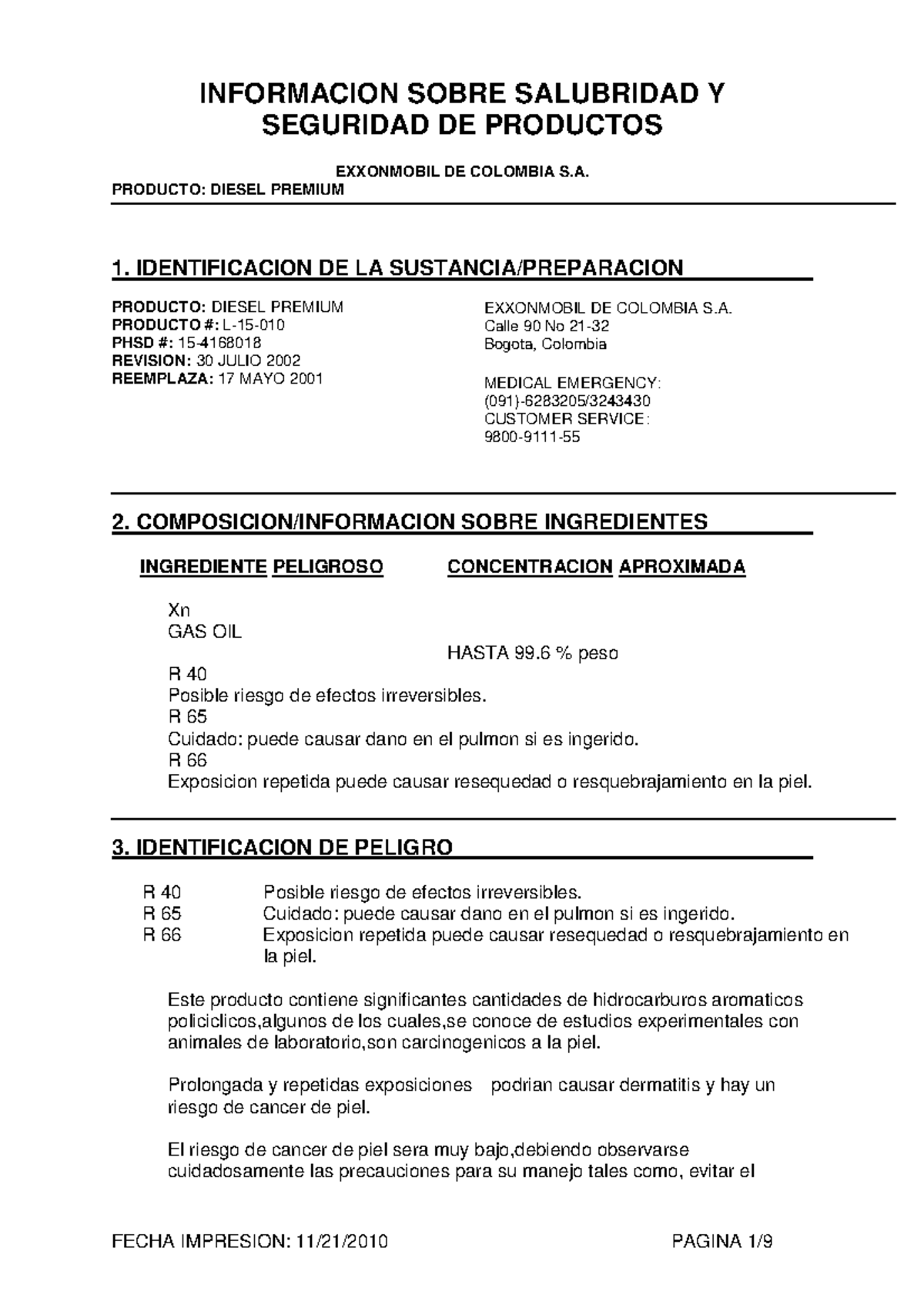 Diesel Premium quimica hojas de seguridad SEGURIDAD DE PRODUCTOS