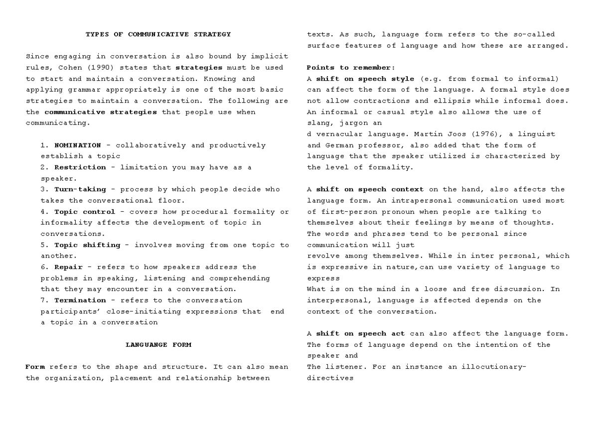 ORAL COM- Reviewer - TYPES OF COMMUNICATIVE STRATEGY Since engaging in ...