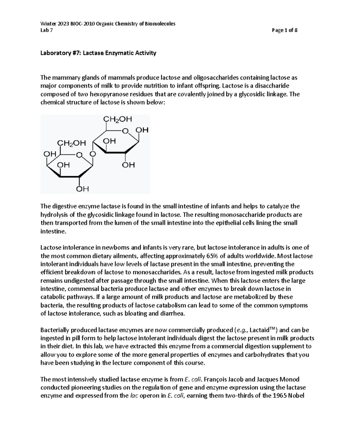 Lab 7 Enzyme Activity Lab 7 Page 1 of 8 Laboratory 7 Lactase