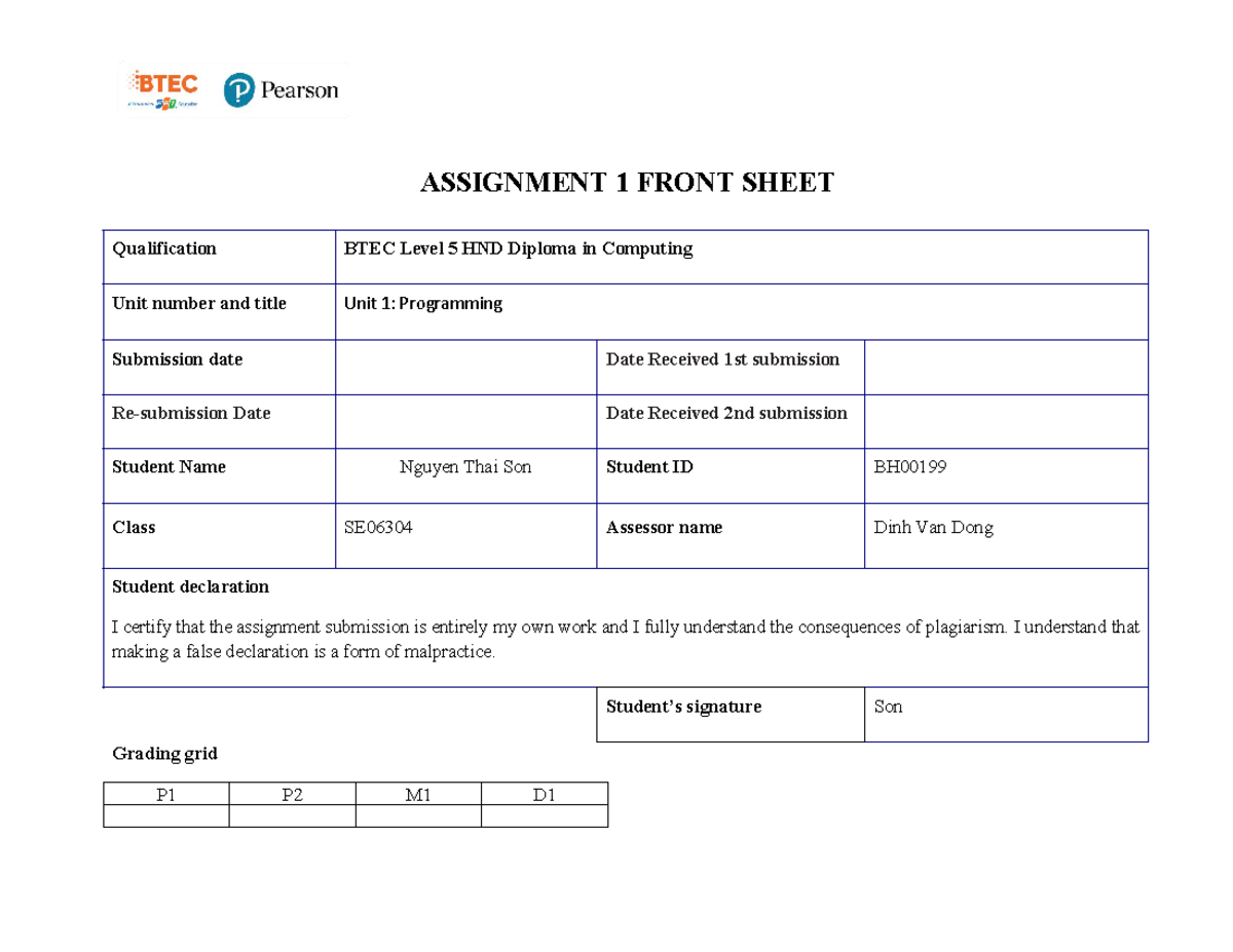 Nguyen Thai Son BH00199 Programming ASM1 1st - ASSIGNMENT 1 FRONT SHEET ...