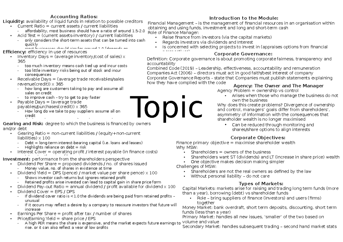 Topic 1 - FM - revision notes - Corporate Objectives: Finance primary ...