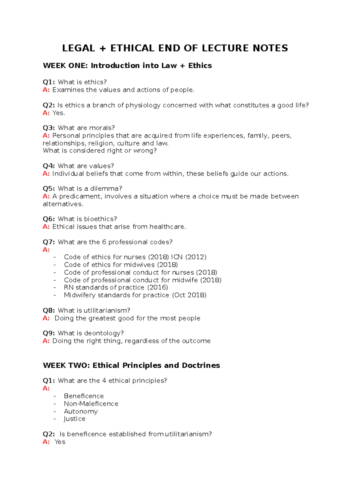 Legal and Ethical Lecture Notes LEGAL + ETHICAL END OF LECTURE