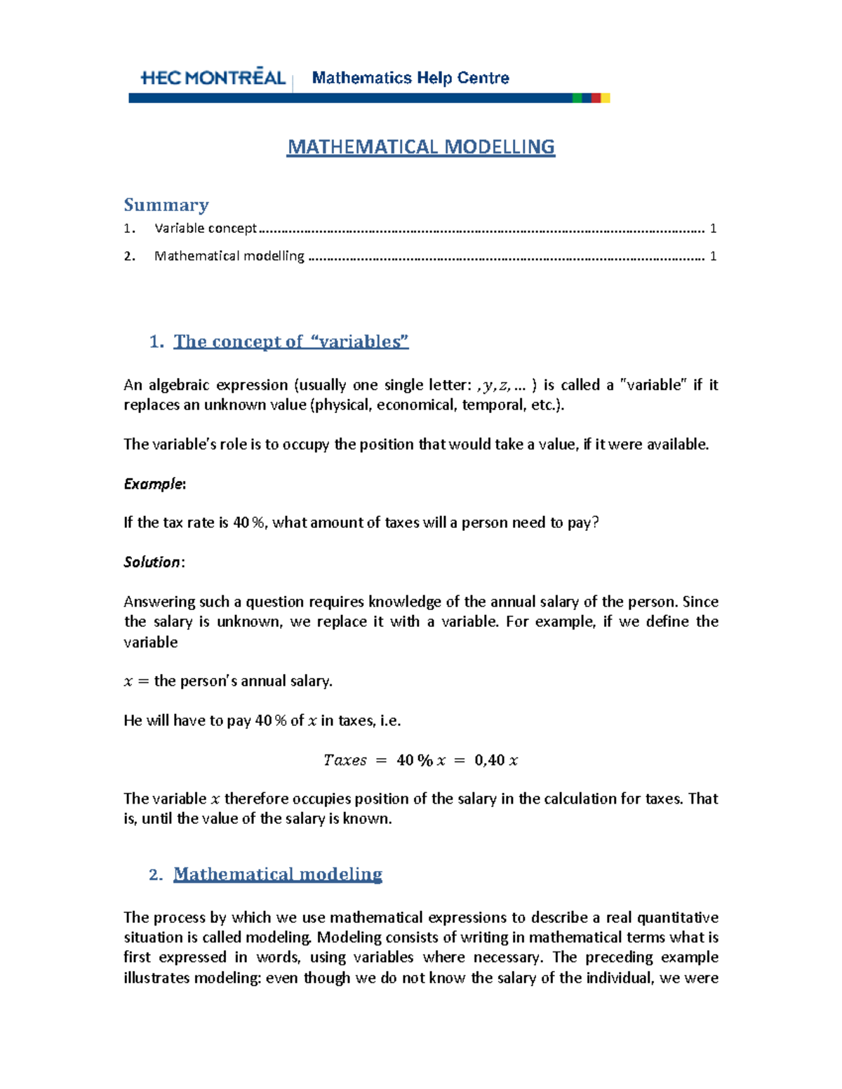 Mathematical modelling - MATHEMATICAL MODELLING Summary Variable ...
