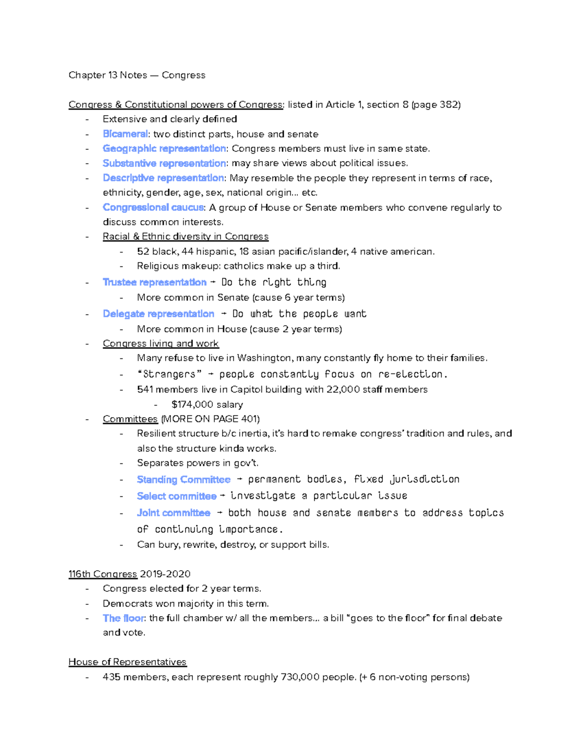 American Politics Chapter 13 Notes - Chapter 13 Notes — Congress ...