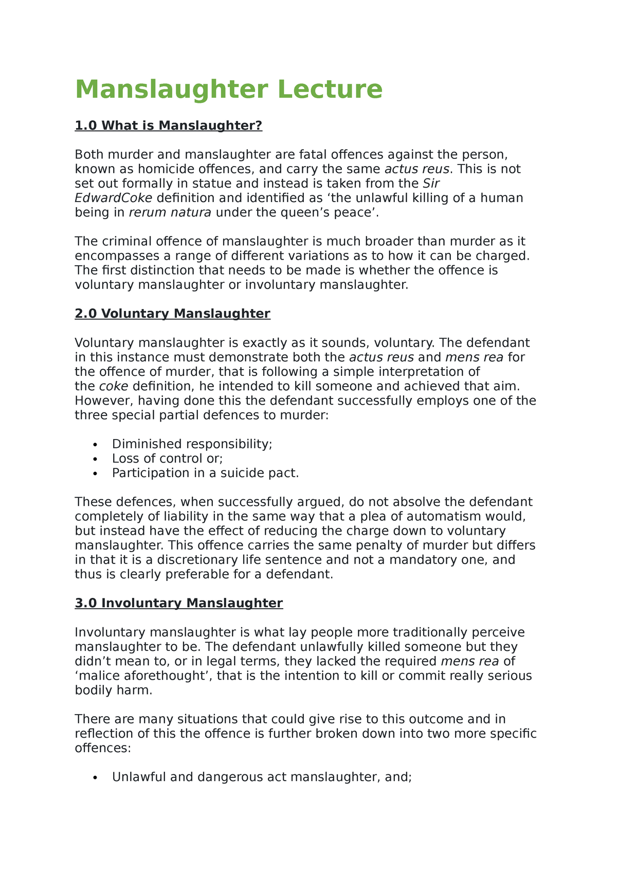 Manslaughter Lecture - Helpful Notes. - Manslaughter Lecture 1 What Is ...