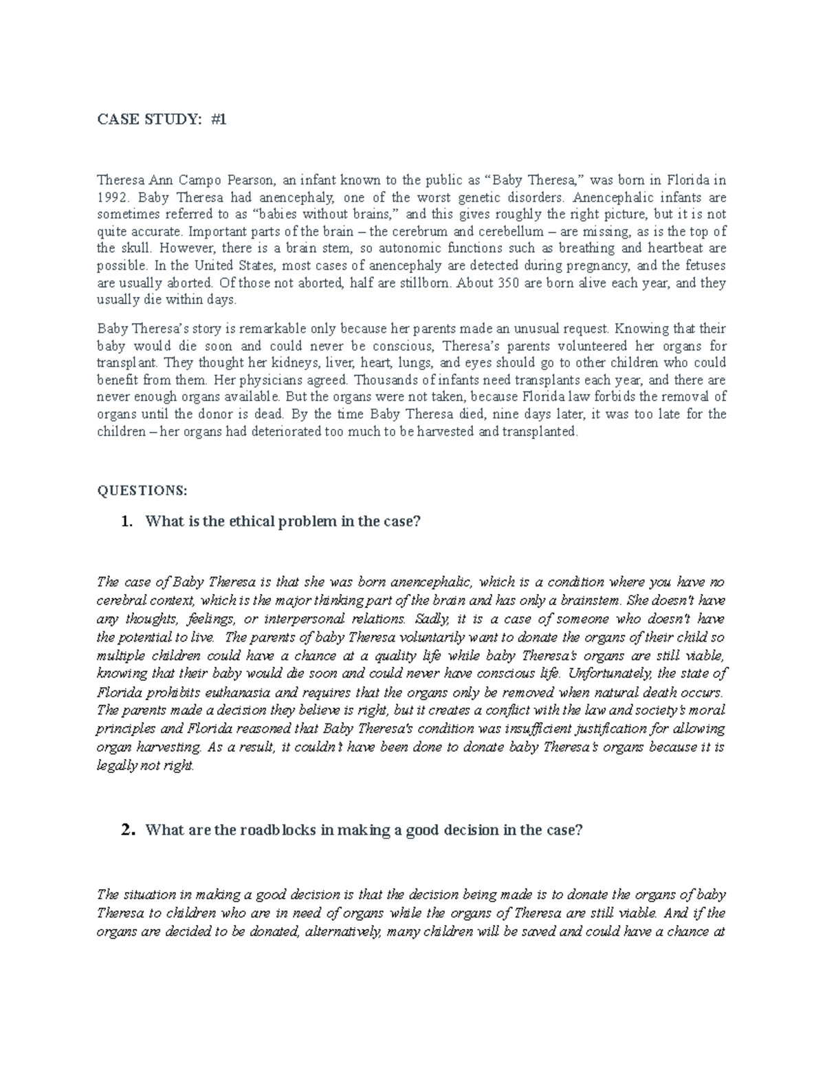 Ethics 1st Activity (case of baby theresa) - CASE STUDY: Theresa Ann ...