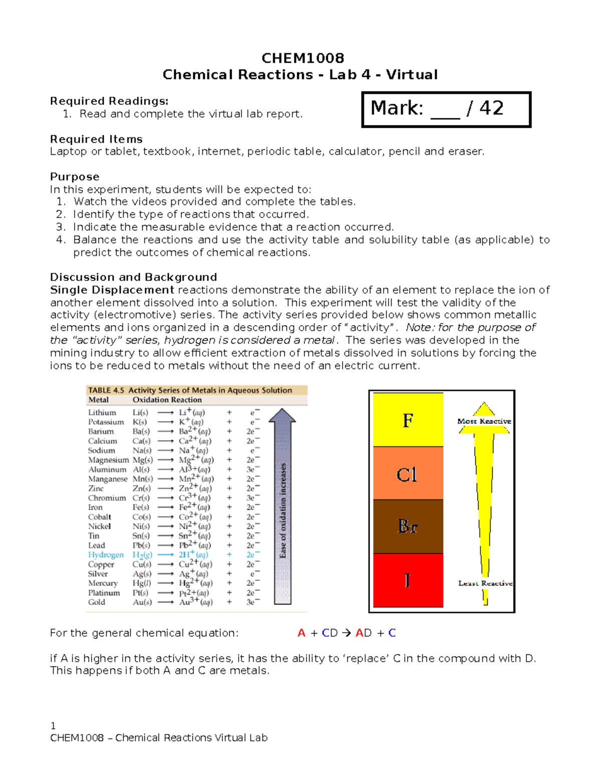 C1008 Virtual Lab 4 Chemical Reactions Background Information