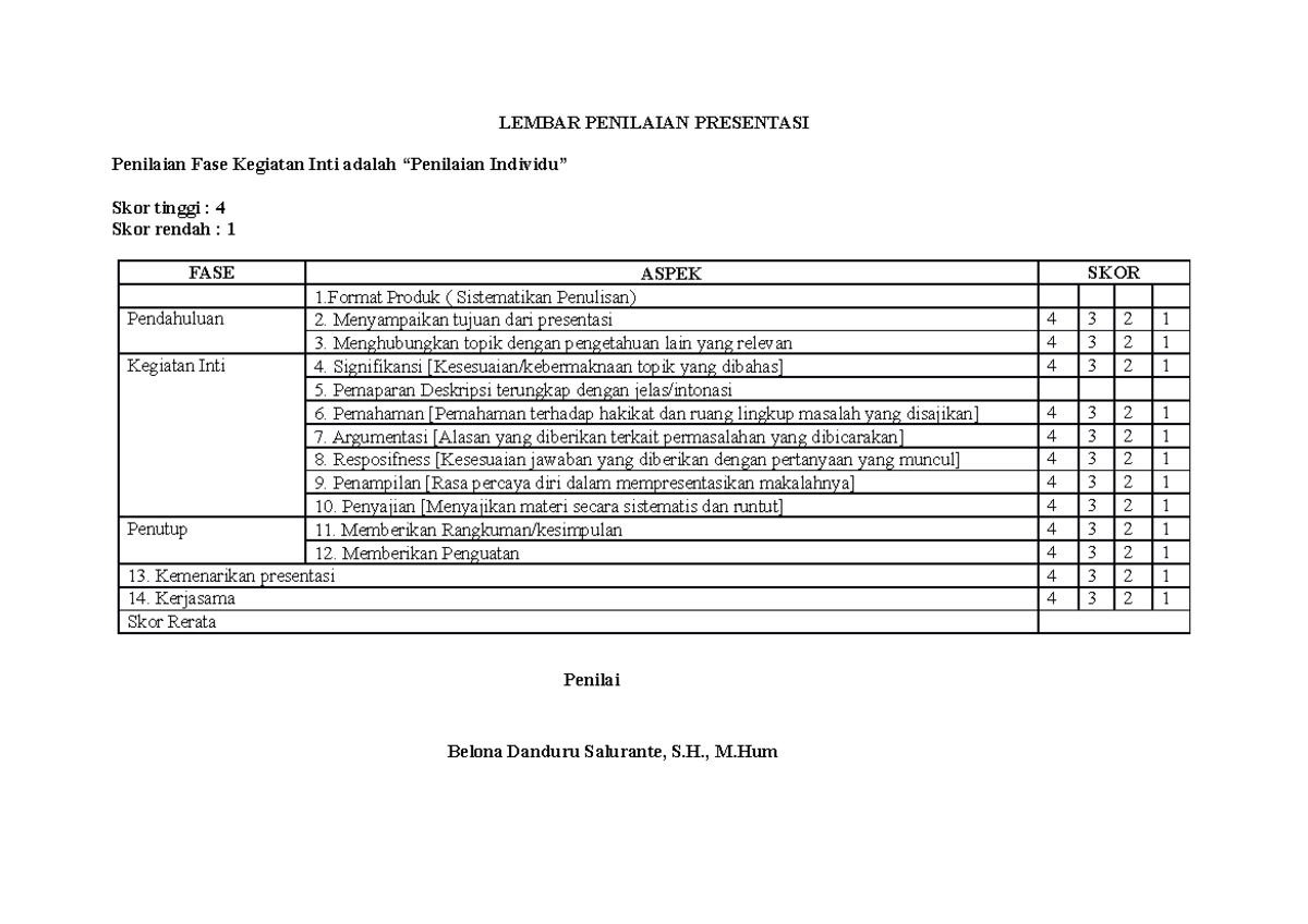 Rubrik Penilaian Presentasi Kelompok - LEMBAR PENILAIAN PRESENTASI