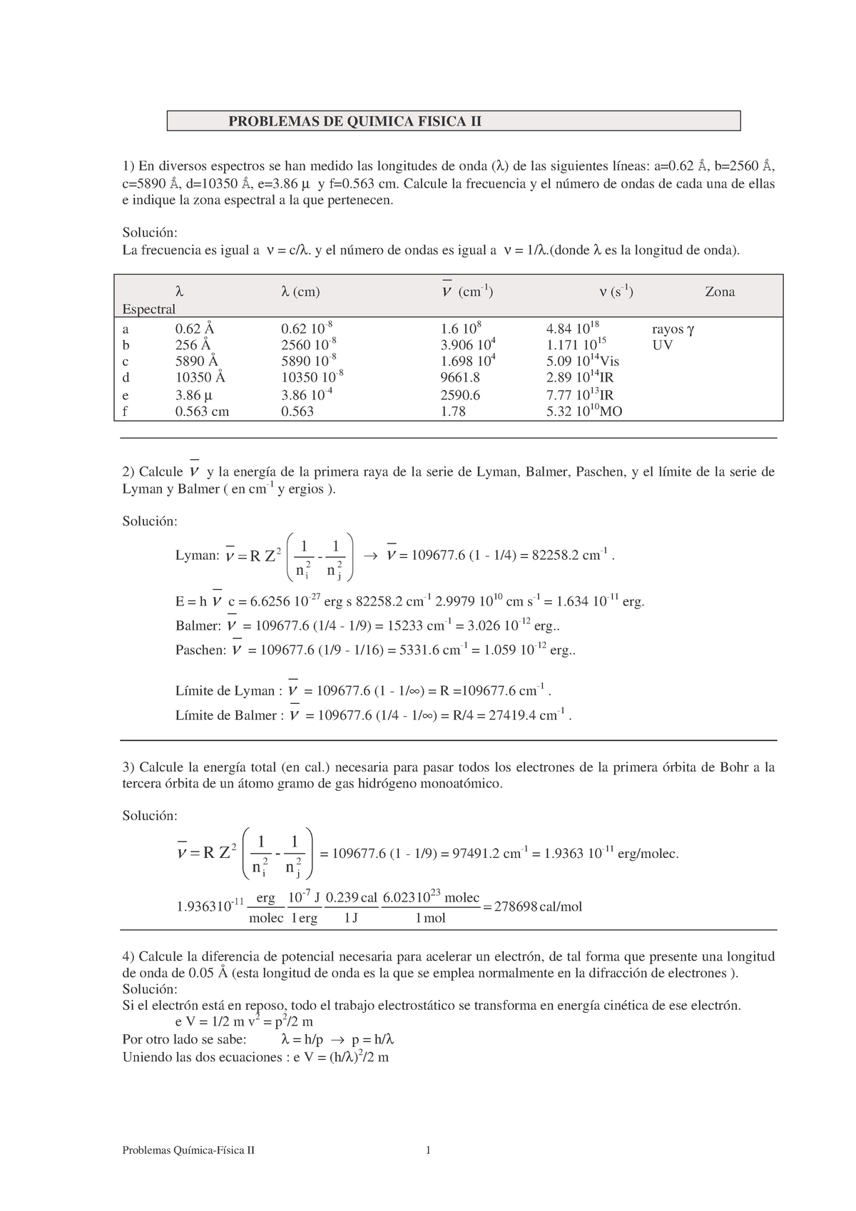 Problemas De Quimica Fisica Ii Problemas De Quimica Fisica Ii 1 En Diversos Espectros Se Han Studocu