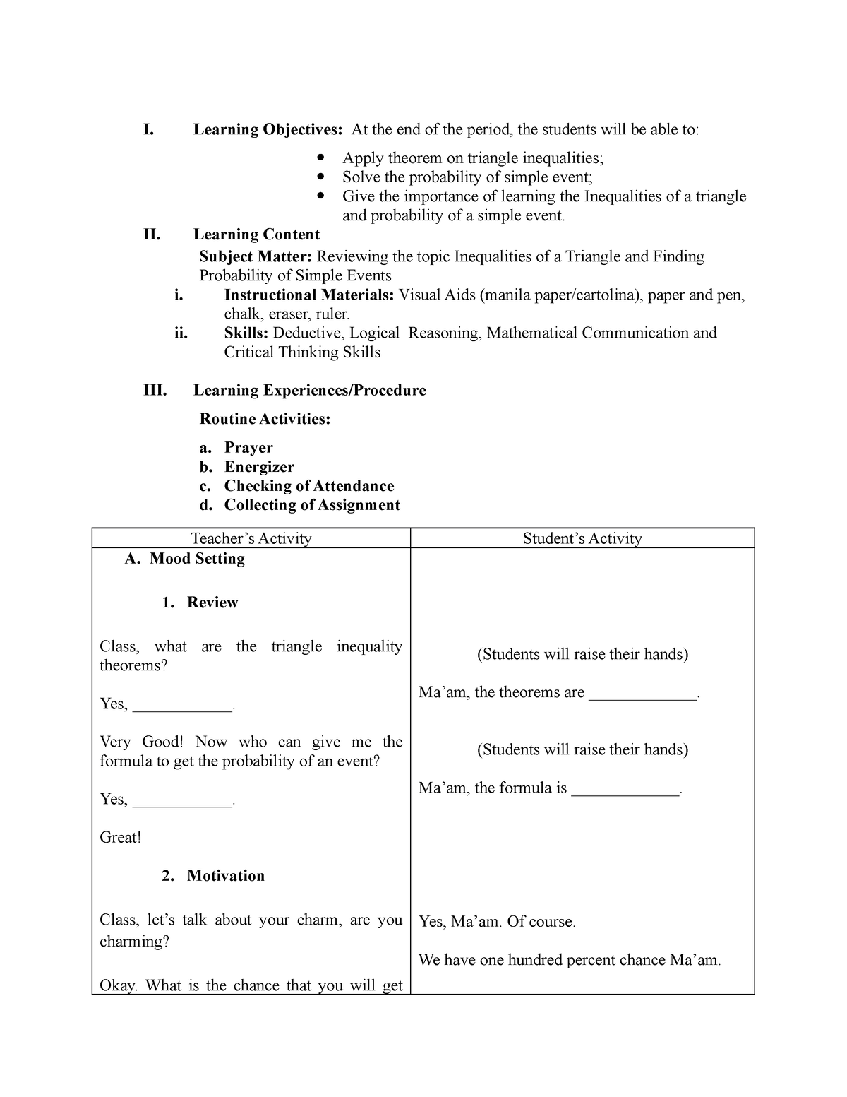 Lesson Plan in Mathematics 8 - I. Learning Objectives: At the end of ...