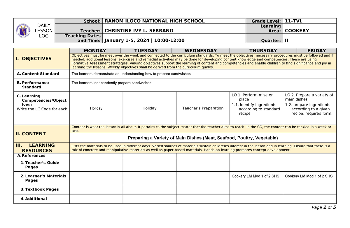 DLL Cookery 11 Quarter 2 Week 6 - DAILY LESSON LOG School: RANOM ILOCO ...