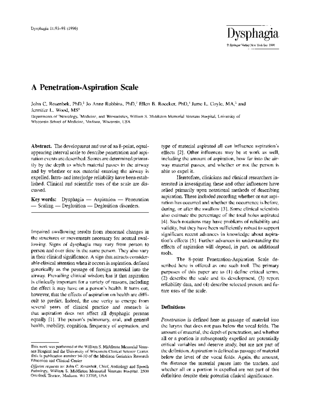 Rosenbek 1996 Article APenetration-aspiration Scale - Dysphagia 11:93 ...
