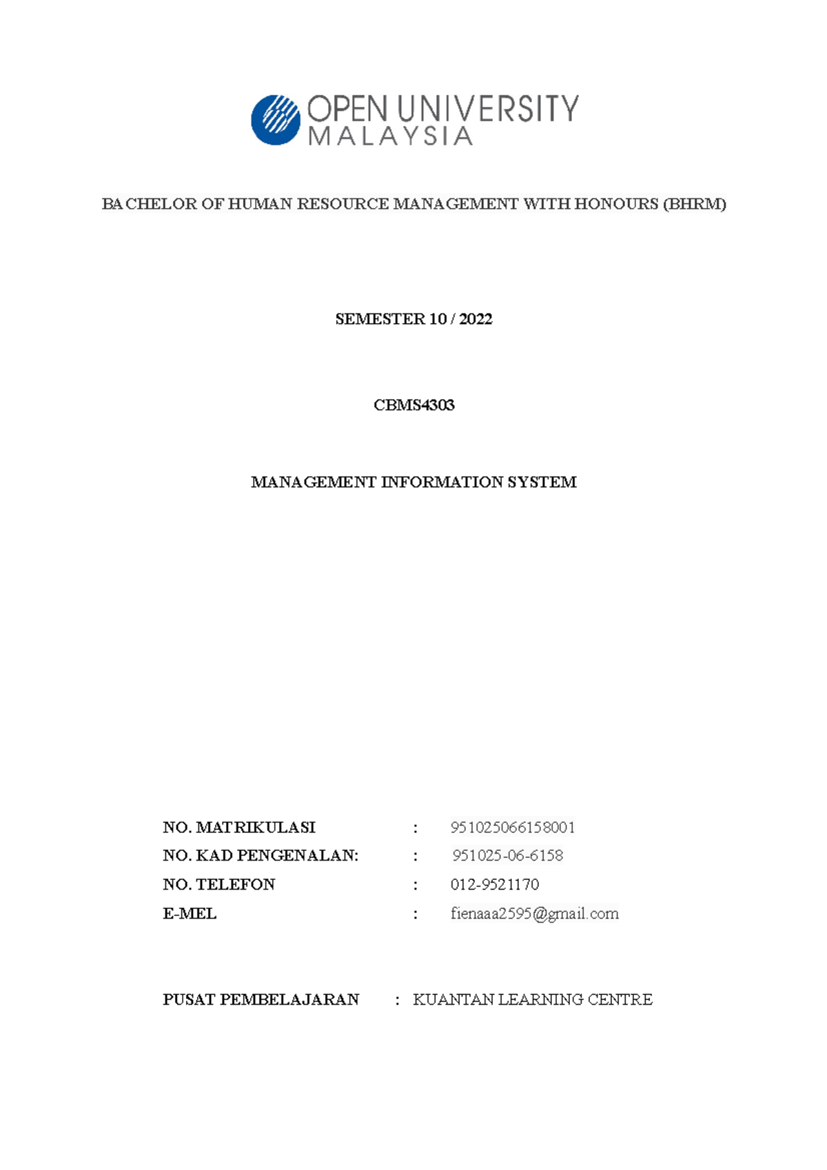 Assignment 10 - BACHELOR OF HUMAN RESOURCE MANAGEMENT WITH HONOURS ...