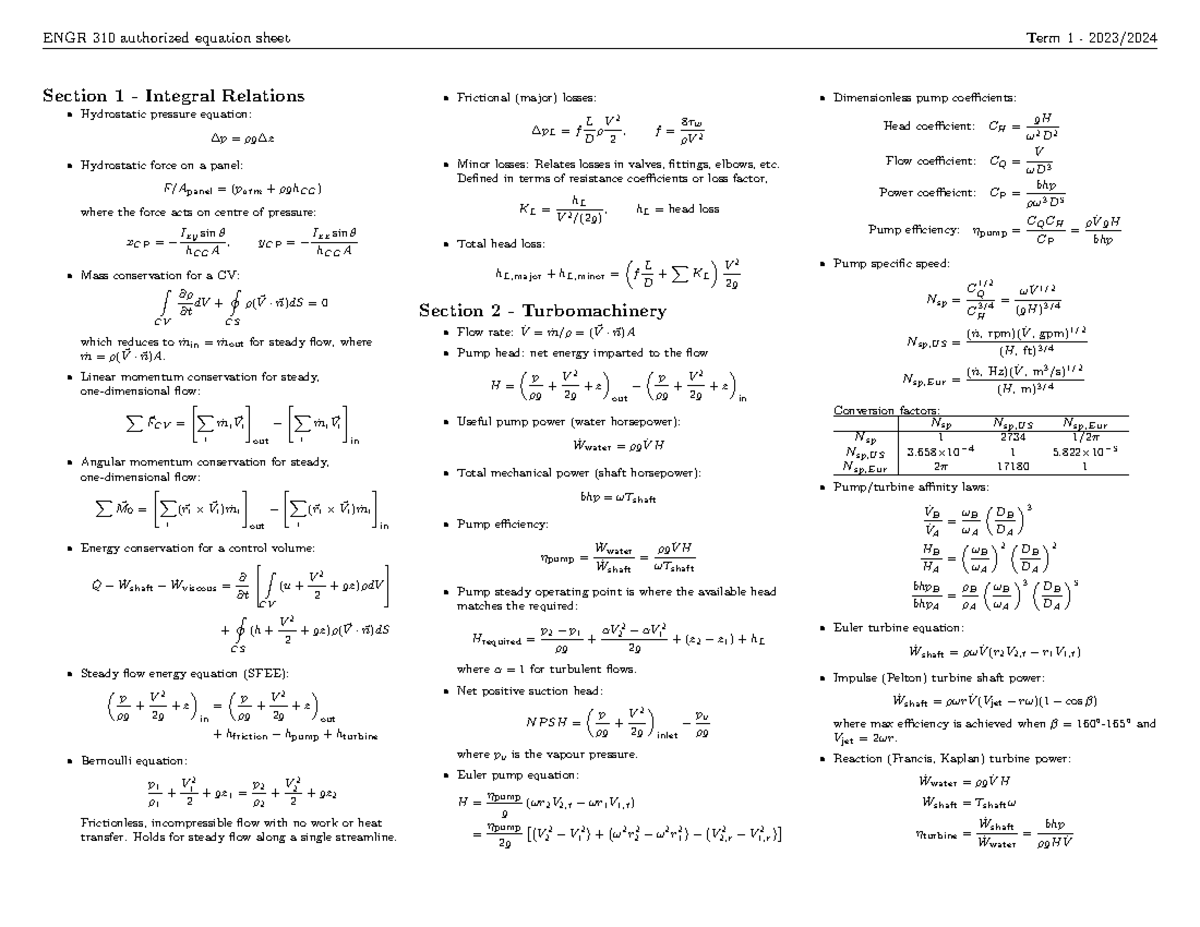 Equation Sheet - ENGR 310-1-2 - ENGR 310 authorized equation sheet Term ...