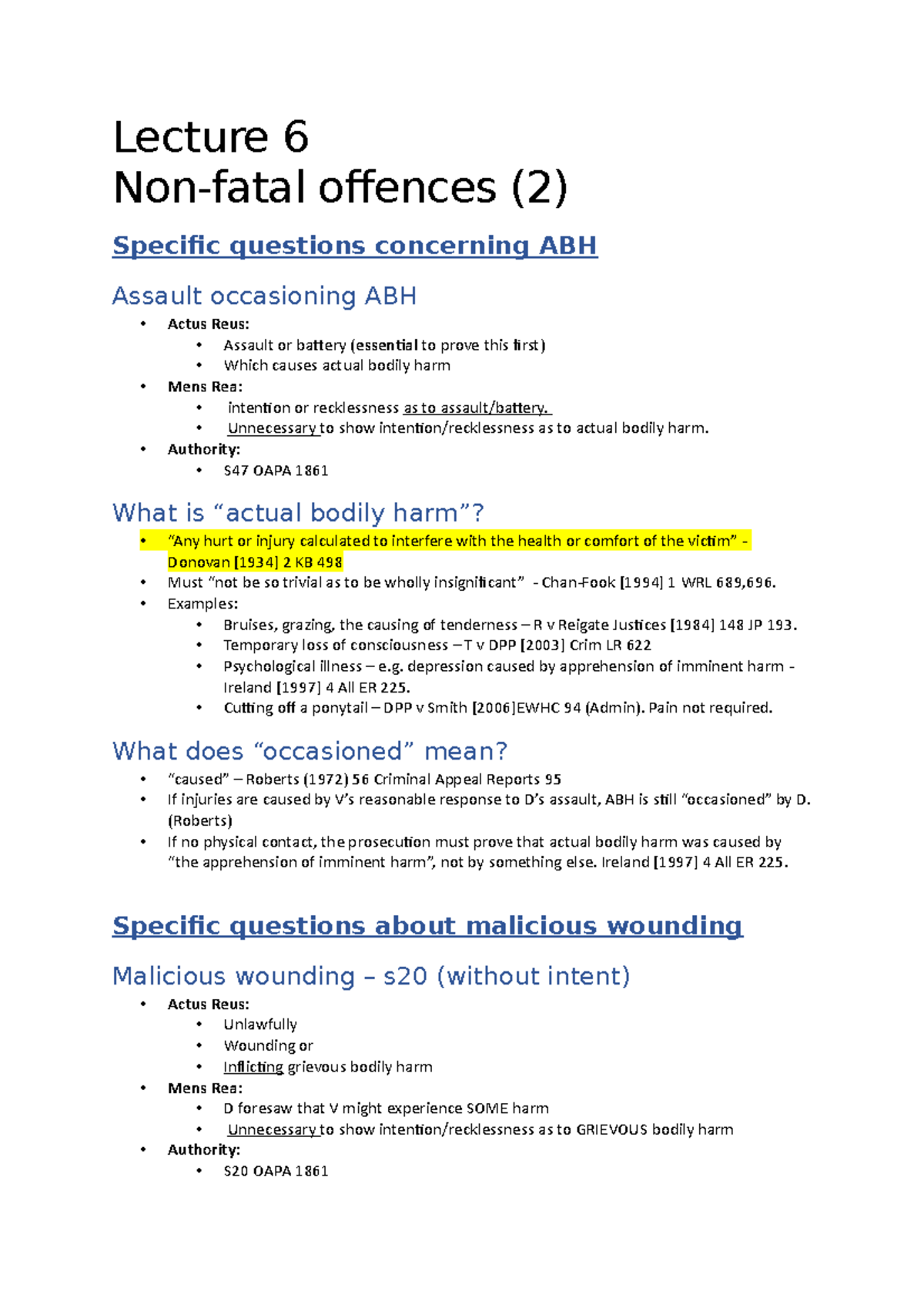 Lecture 6 - non-fatal offences - Lecture 6 Non-fatal offences (2 ...