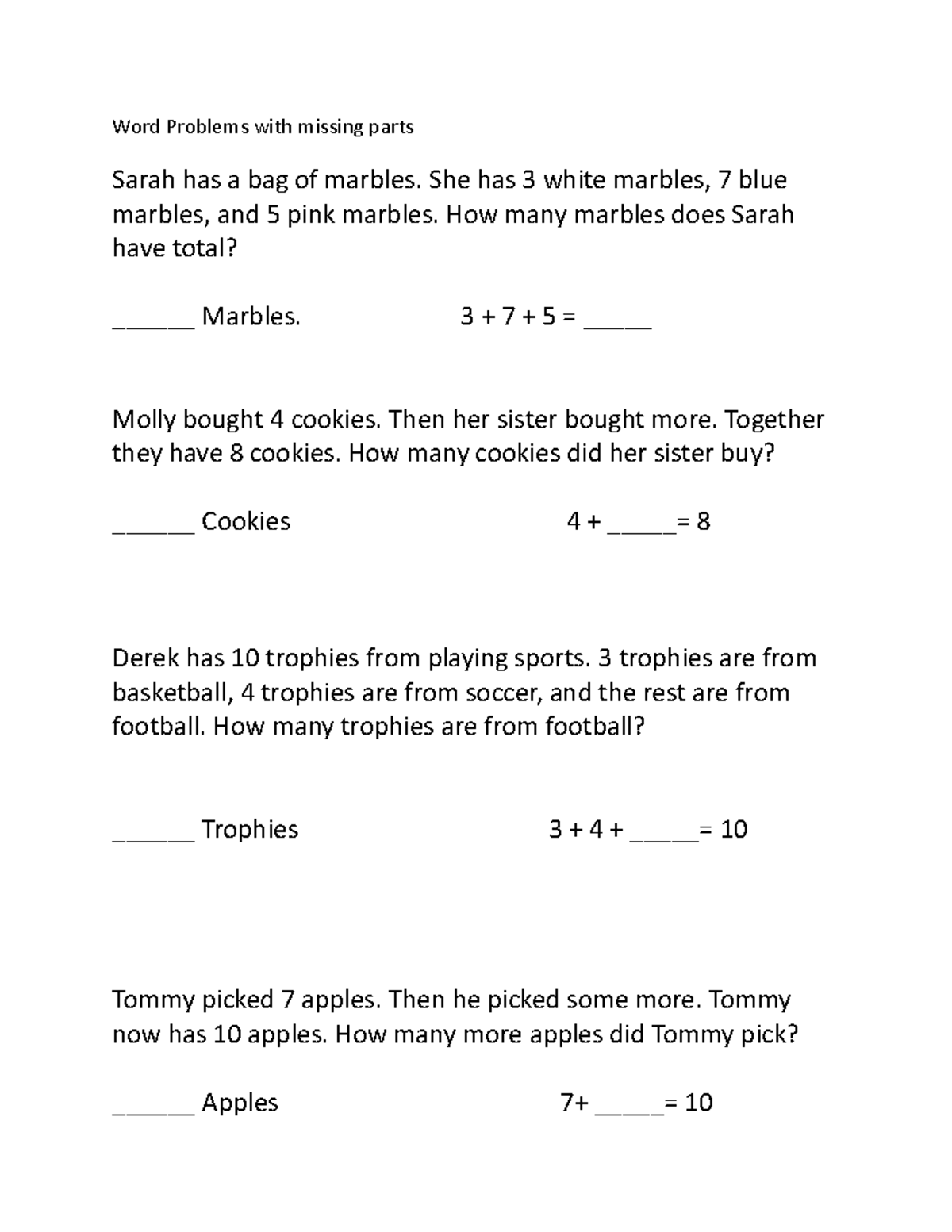 Math Questions For Lesson Plans Word Problems With Missing Parts 