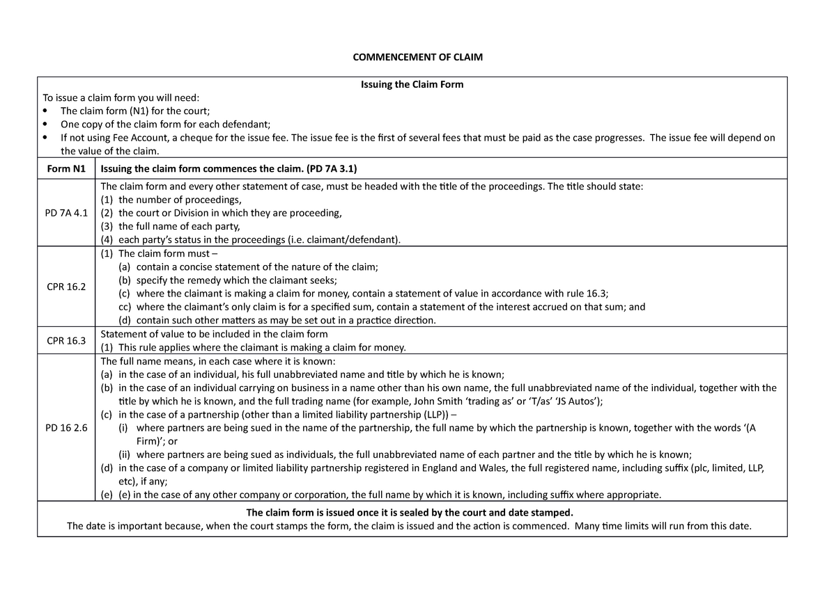 commencement-of-claim-commencement-of-claim-issuing-the-claim-form-to