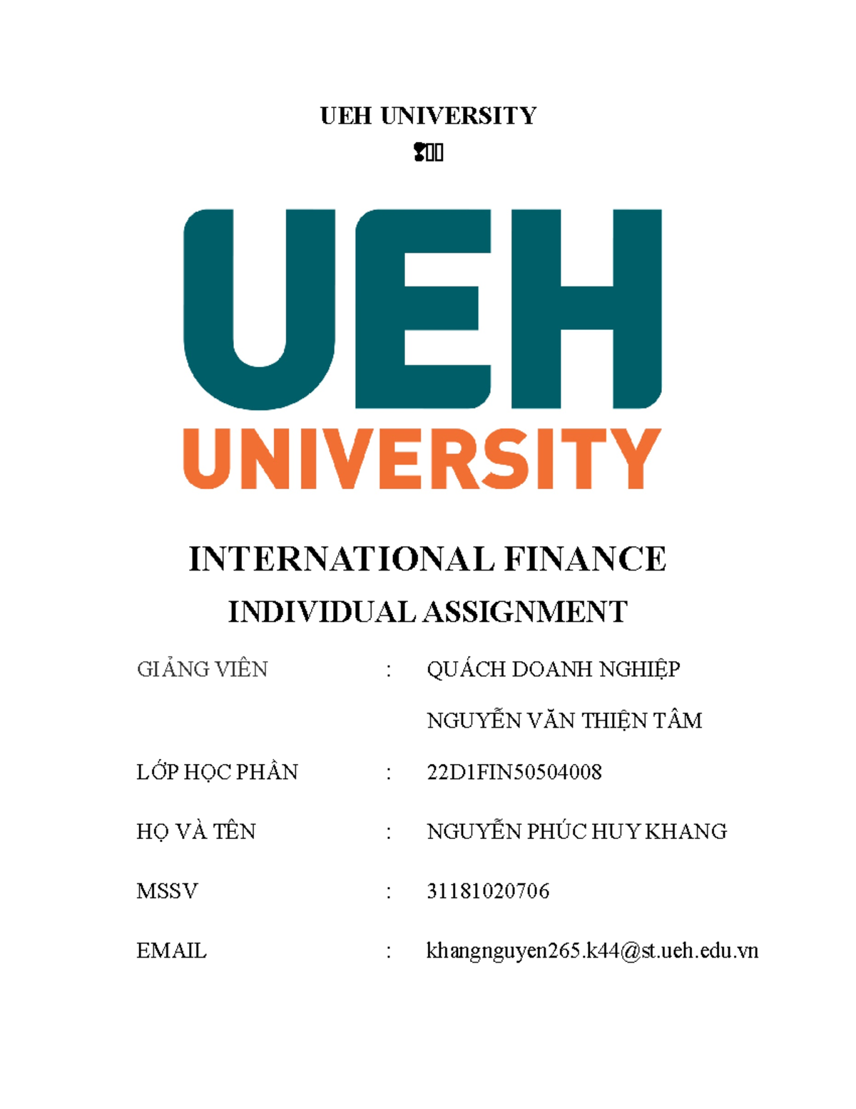 assignment of international finance - UEH UNIVERSITY INTERNATIONAL ...