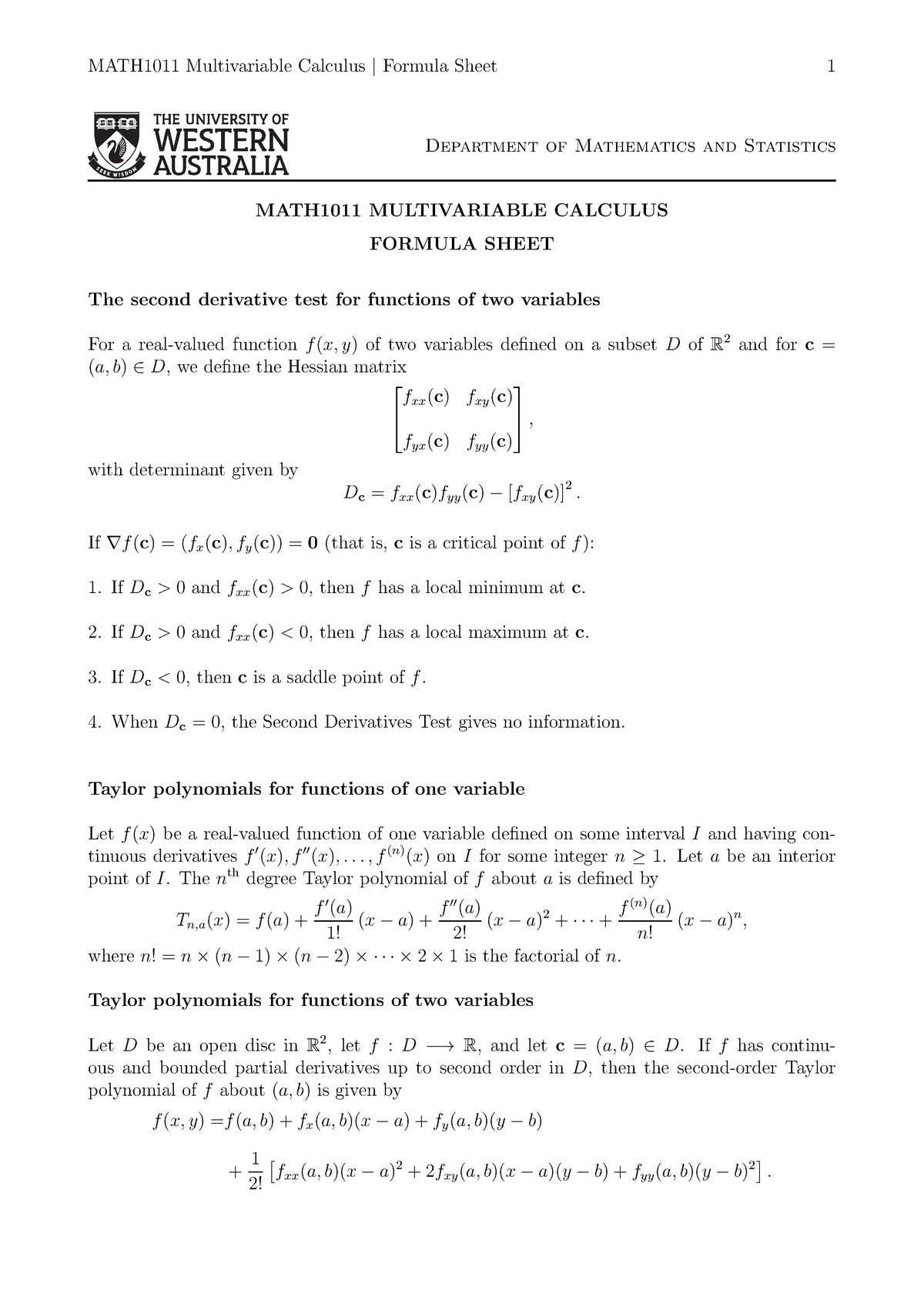 multivariable calculus cheat sheet
