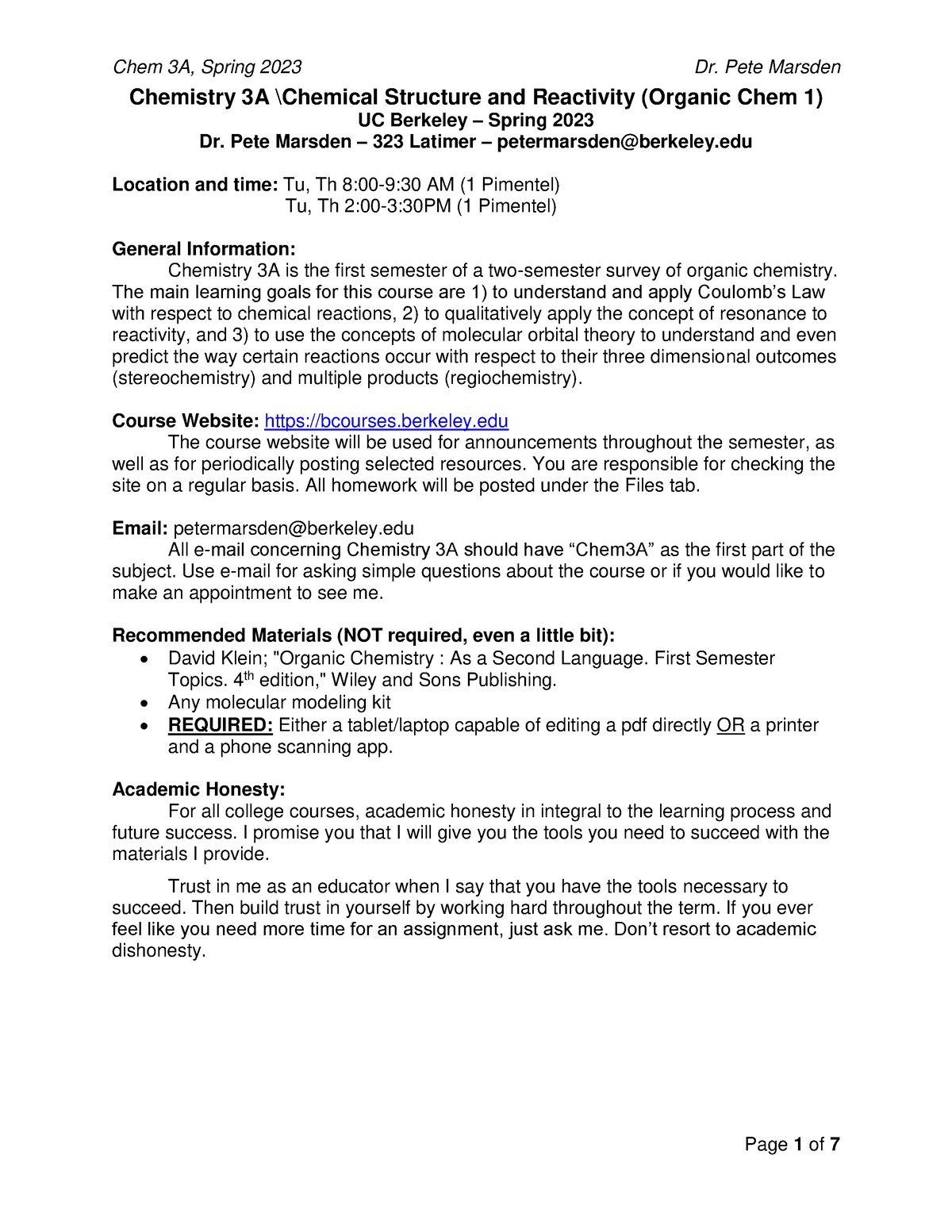 Syllabus (Chem 3A - Spring 2023) - Chemistry 3A \Chemical Structure and ...