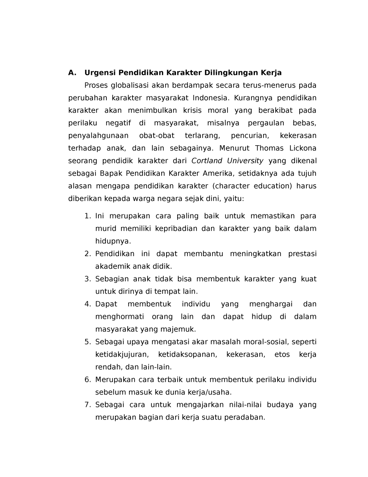 Urgensi Pendidikan Karakter Dilingkungan Kerja - A. Urgensi Pendidikan ...