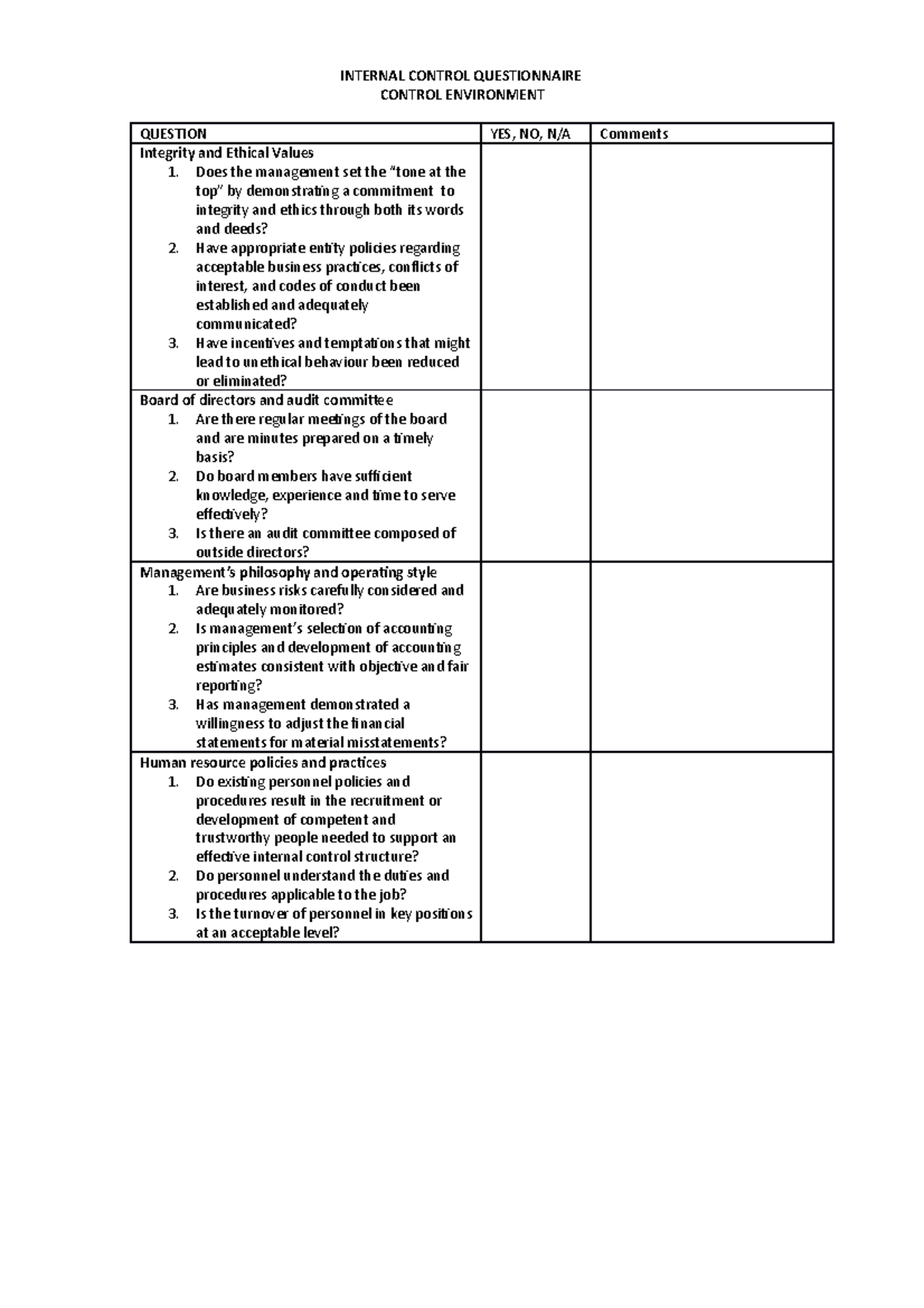 Control environment - A section - INTERNAL CONTROL QUESTIONNAIRE ...