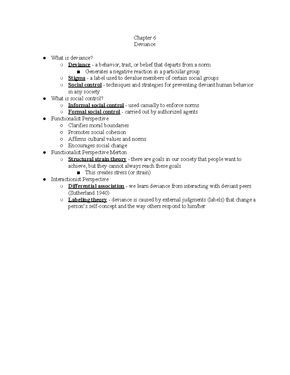 Sociology Ch. 6 Notes - Chapter 6 Deviance What Is Deviance? Deviance ...