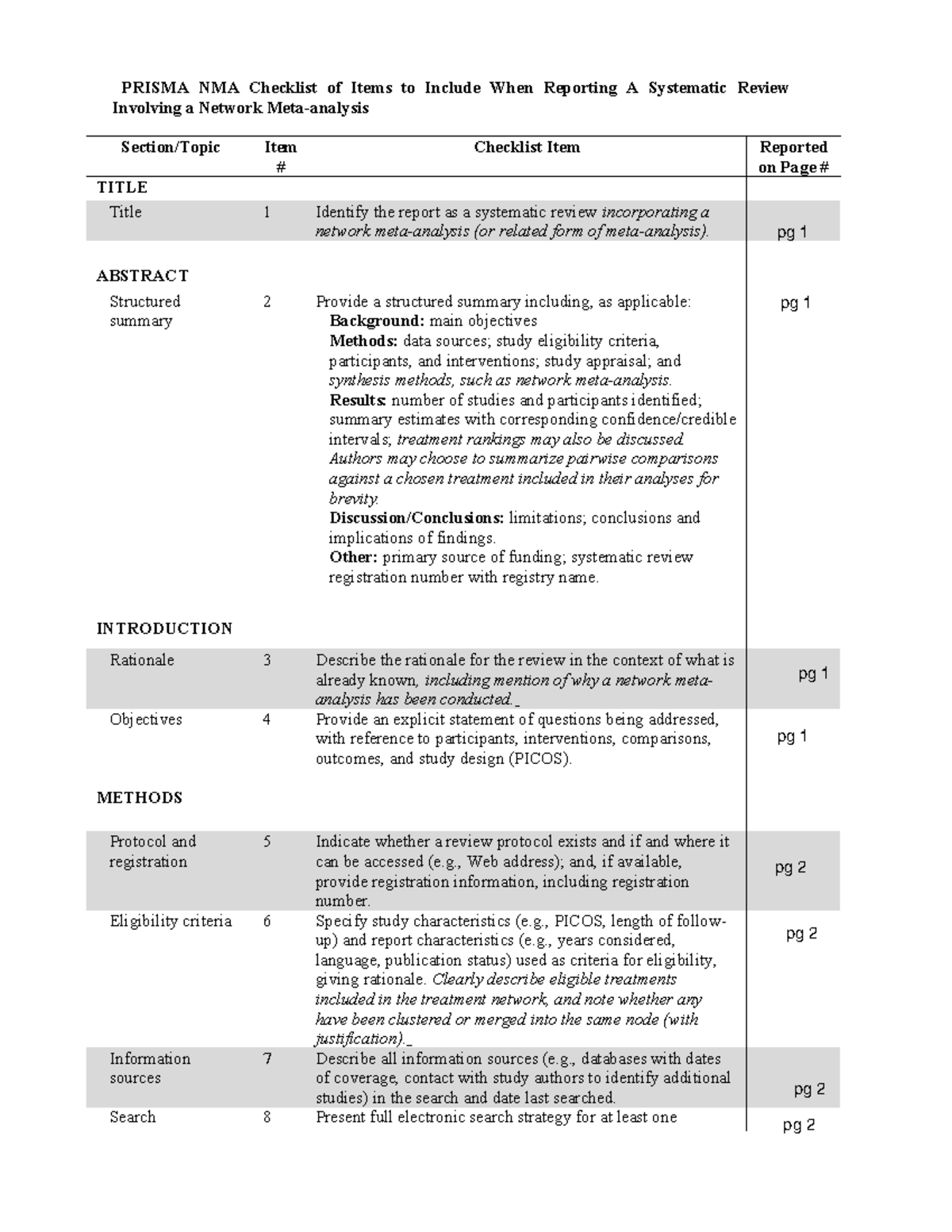 Checklist - nurse - PRISMA NMA Checklist of Items to Include When ...