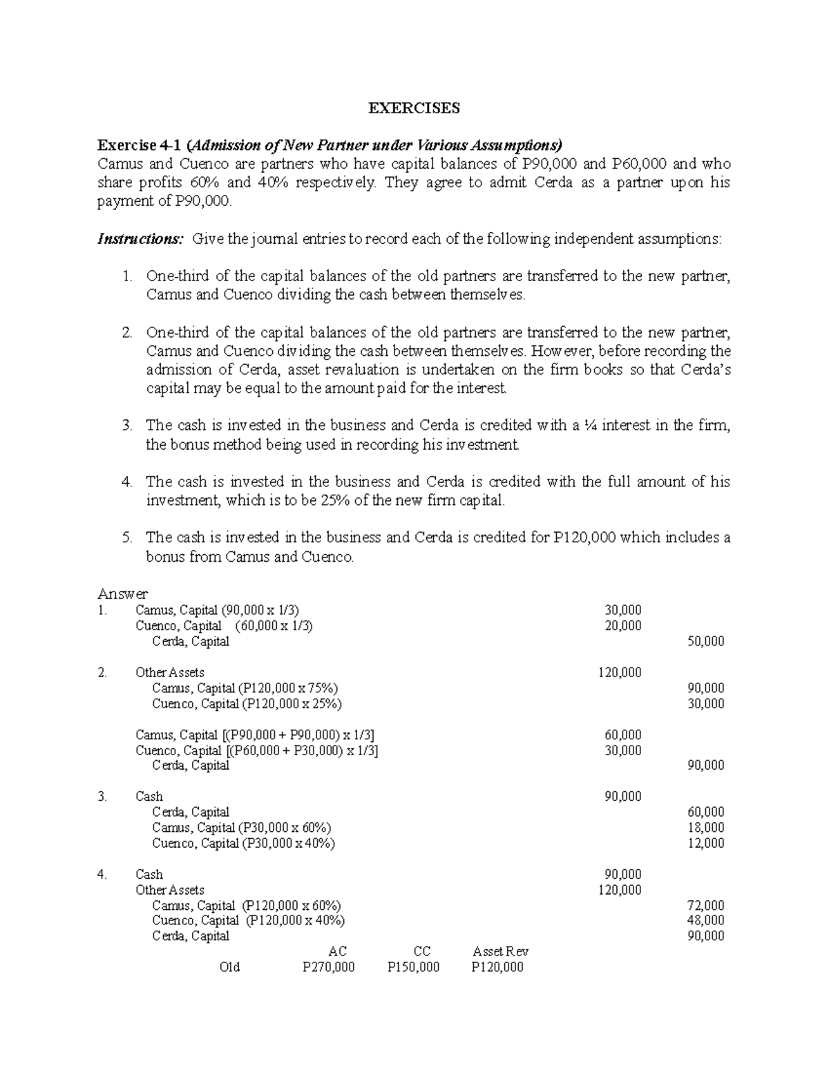 Chapter 4 Dissolution Q A Final - Exercises Exercise 4-1 (admission Of 