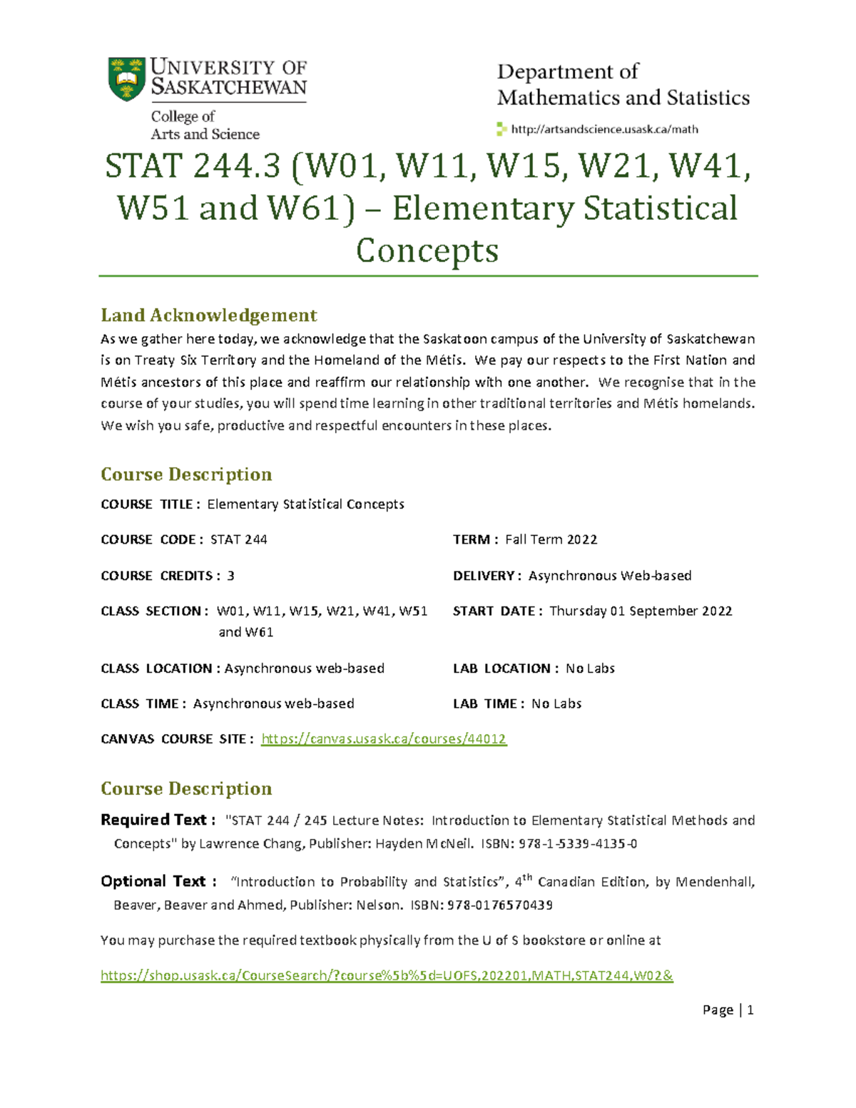 Stat 244 Fall 2022 Web-based - Course Outline - STAT 244 (W01, W11, W15 ...