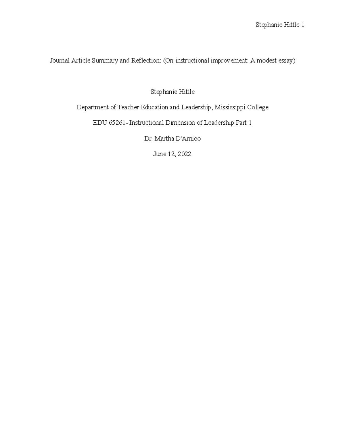Journal Article Summary and Reflection (On Instructional Improvement A ...