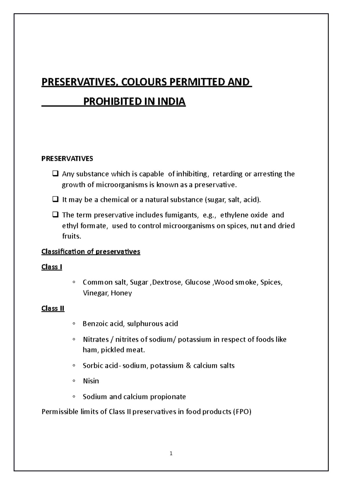 Preservatives - Lecture notes 5-6 - PRESERVATIVES, COLOURS PERMITTED ...
