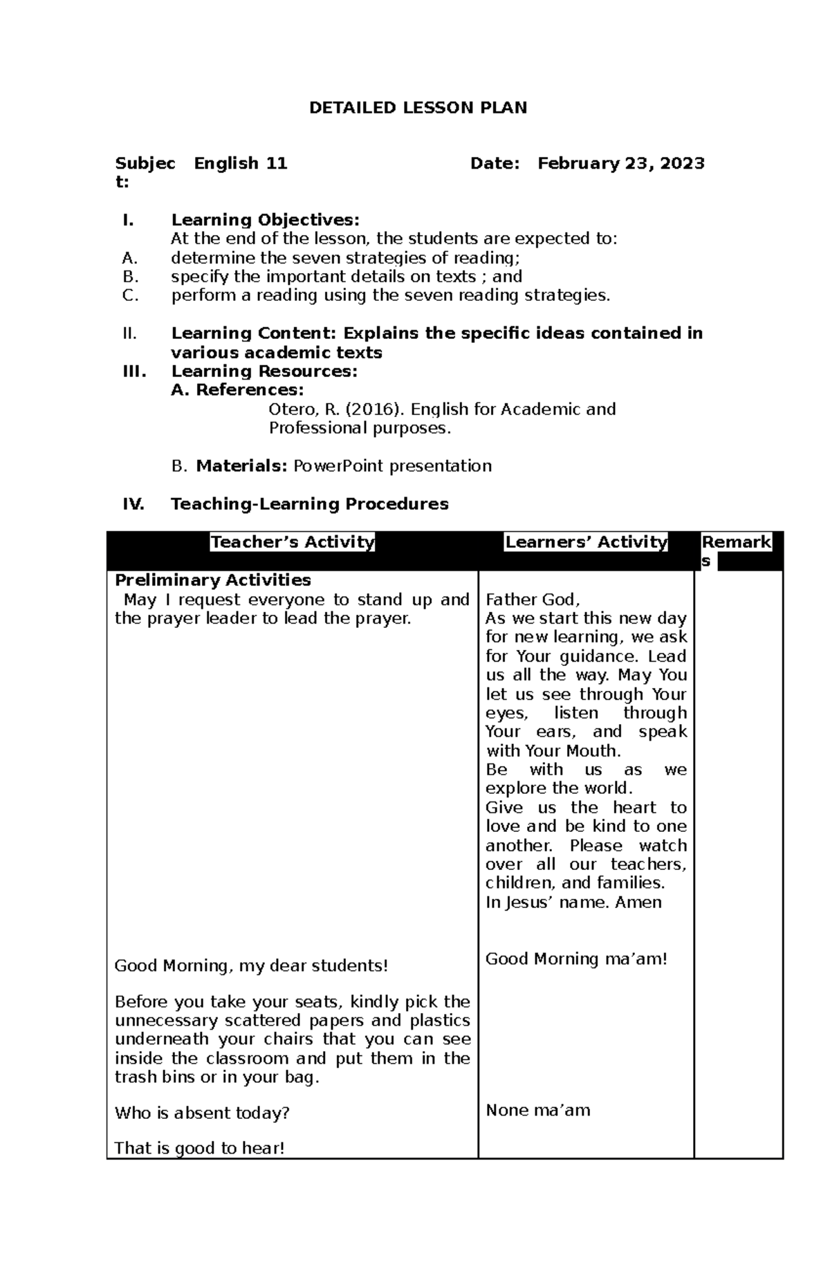 EAPP M1 L3 - detailed lesson plan - DETAILED LESSON PLAN Subjec t ...