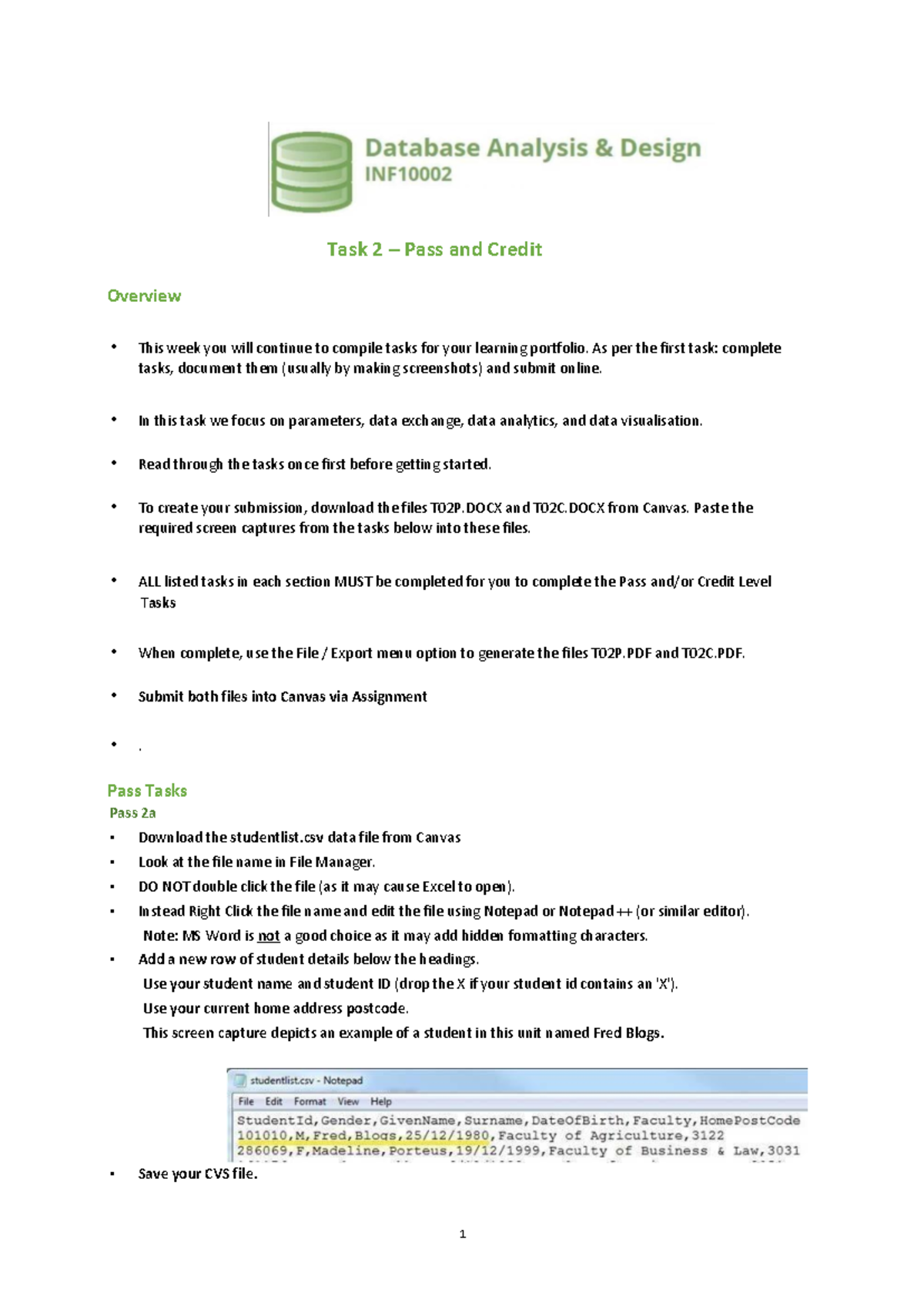 INF10002 Tasks 02 S1 2022 - Task 2 – Pass and Credit Overview • This ...