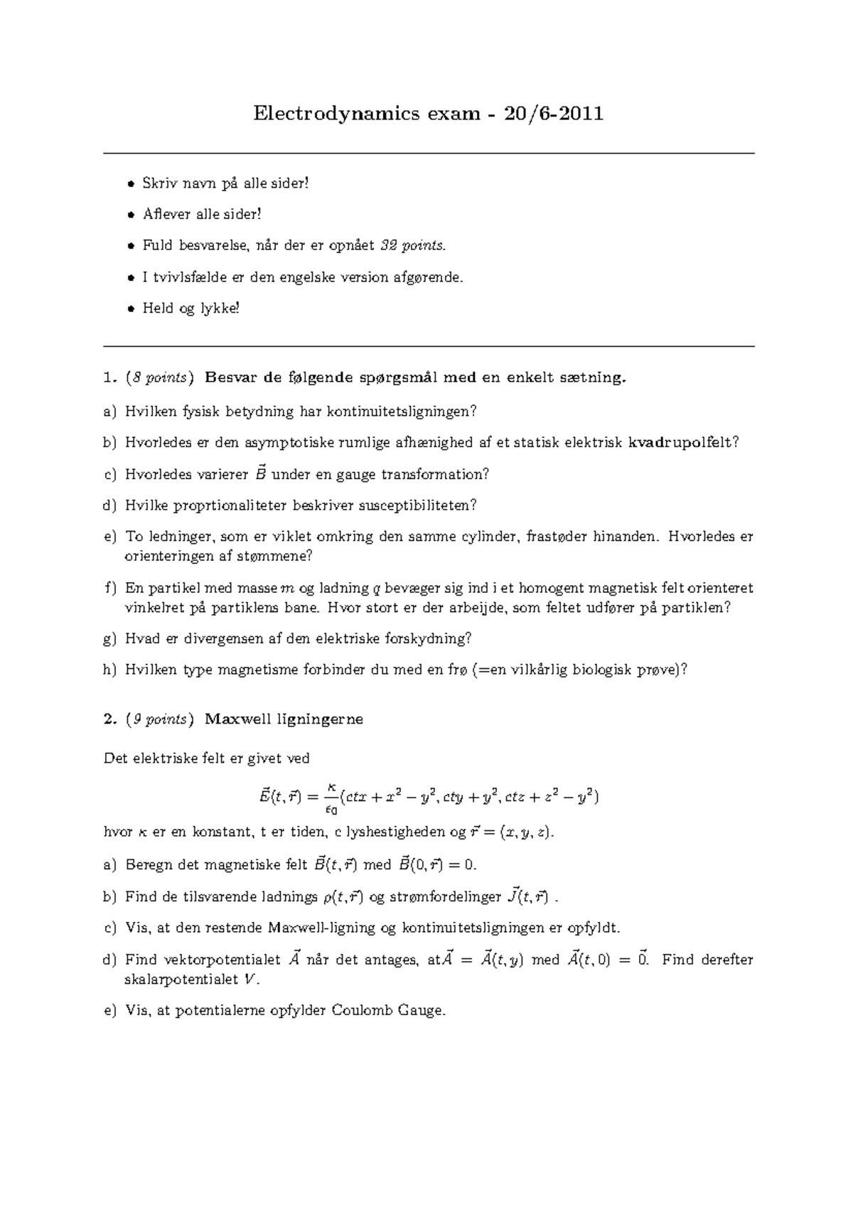 Exam 20 June 2011, Questions And Answers - Electrodynamics exam Skriv ...