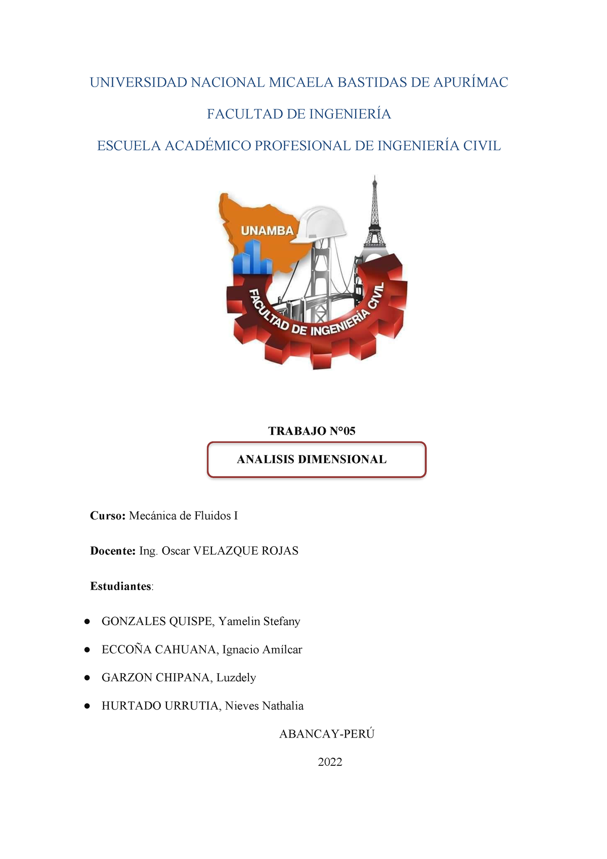 Informe Análisis Dimensional - UNIVERSIDAD NACIONAL MICAELA BASTIDAS DE ...