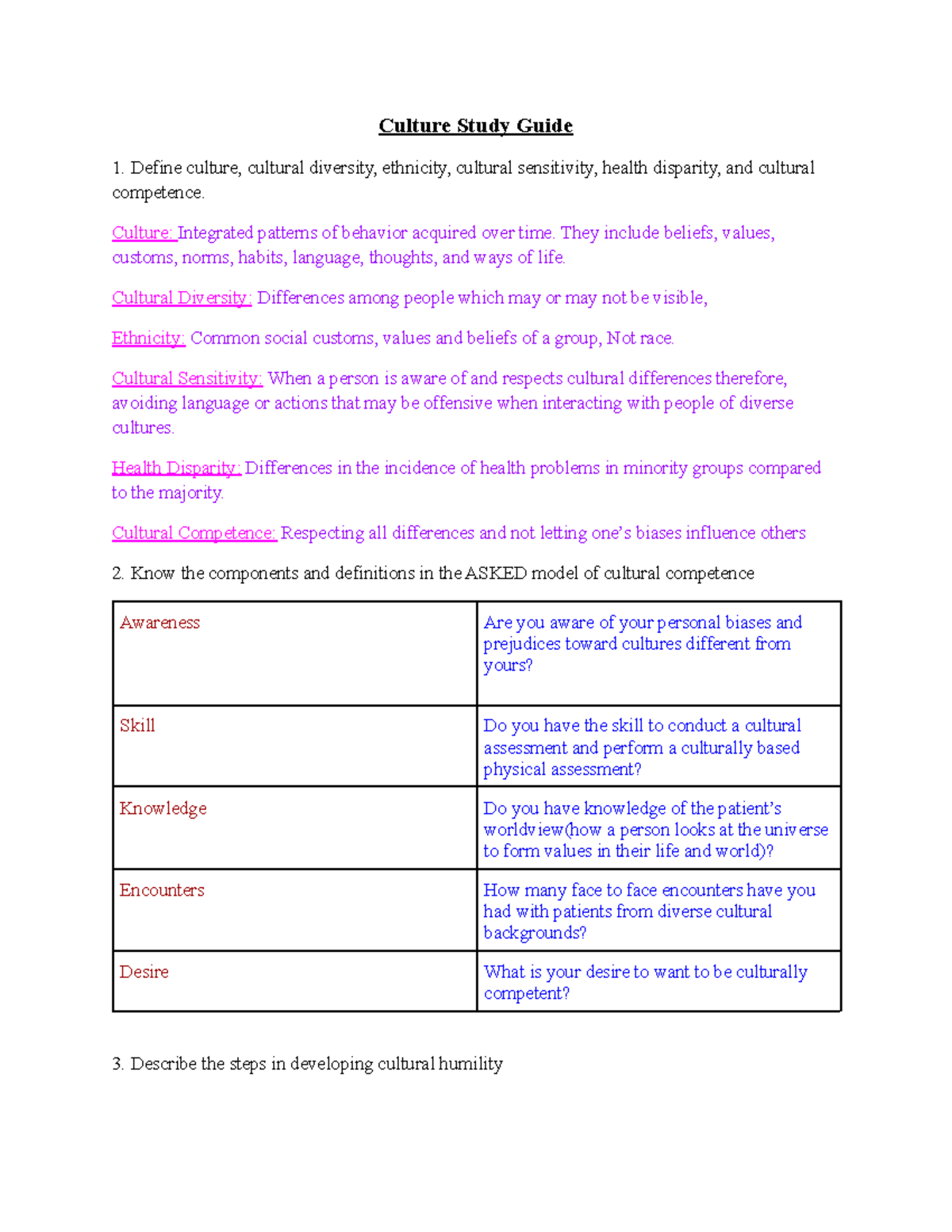 Culture Study Guide - Culture Study Guide Define culture, cultural ...