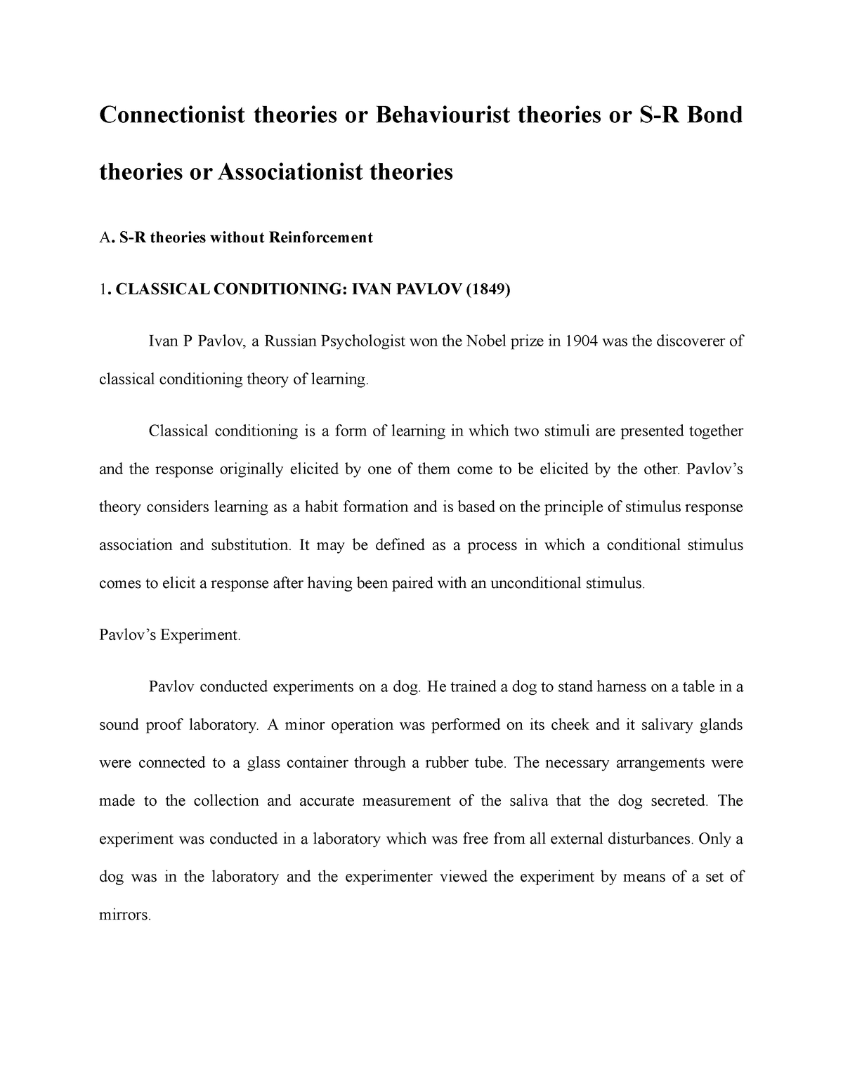 Behaviorism – Theories of Thorndike, Skinner and Pavlov - Connectionist ...