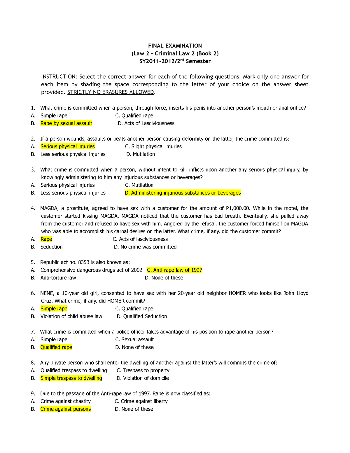 CLAW 2 Q AND A - Q AND A FOR CLE - FINAL EXAMINATION (Law 2 – Criminal ...