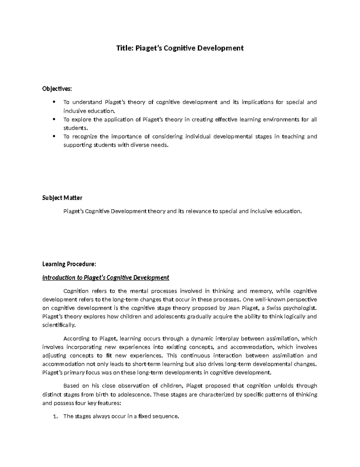 Piagets Cognitive Development Theory Special and Inclusive Education ...