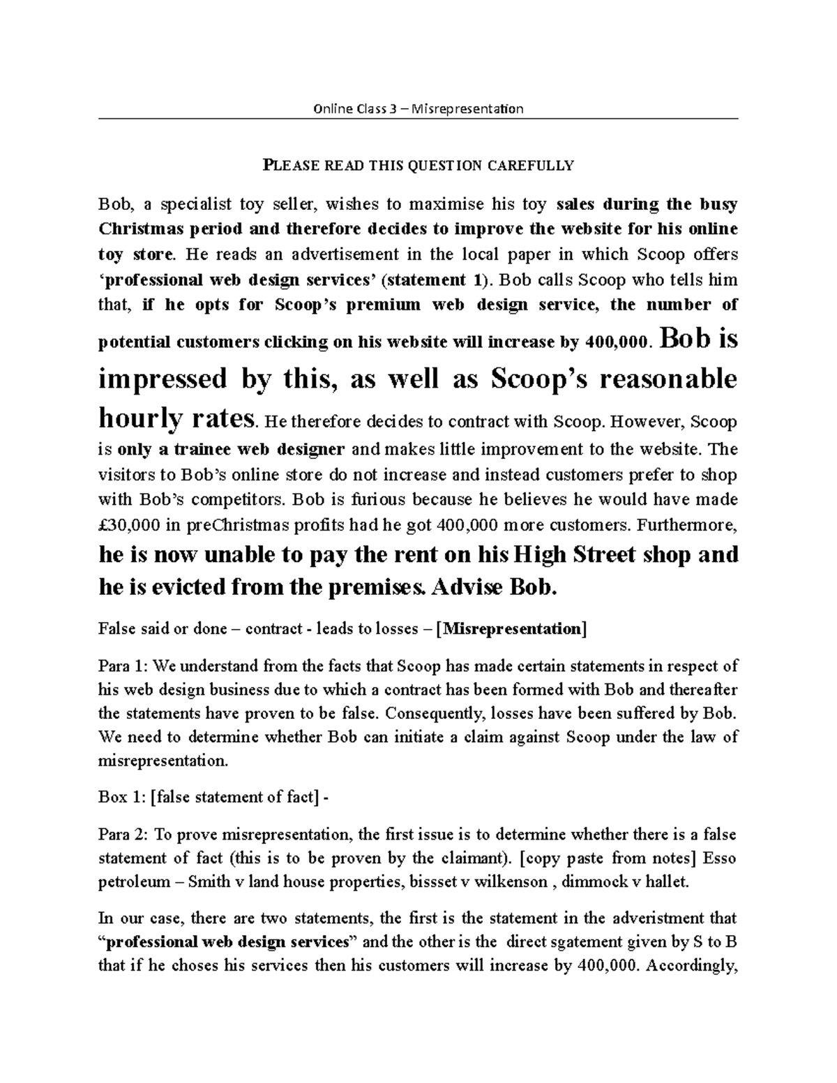 Misrep - Online Class 3 – Misrepresentation PLEASE READ THIS QUESTION ...