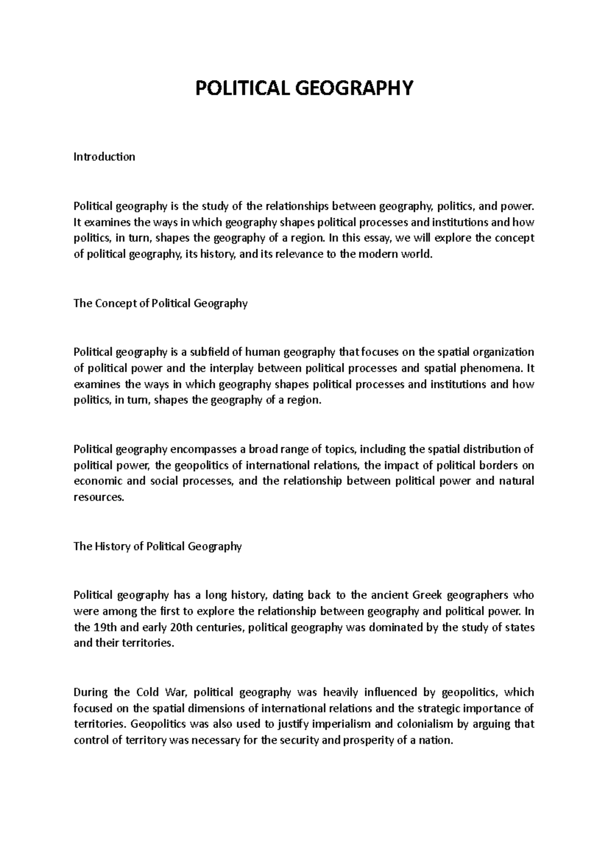 Political Geography Esssay POLITICAL GEOGRAPHY Introduction Political
