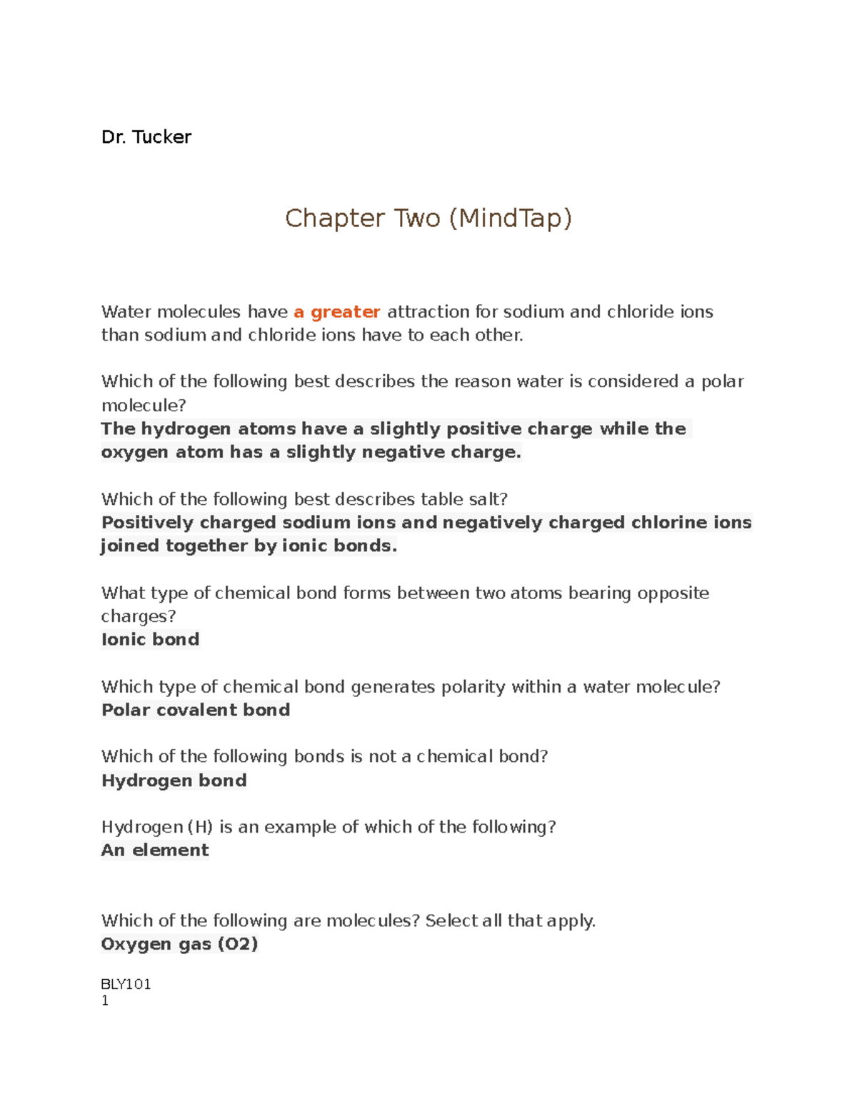 BLY101 Chapter 2 Life Science 1, MindTap and TopHat assignment Dr