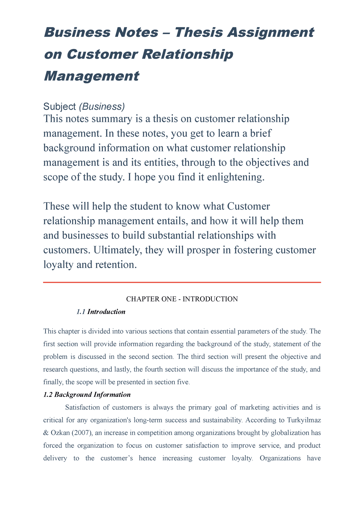 sample thesis on customer relationship management