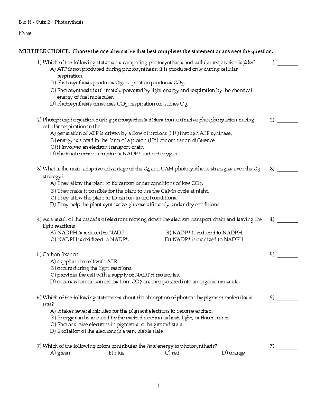 Bio H - Quiz 2 - Photosythesis - Bio H - Quiz 2 : Photosythesis - Studocu