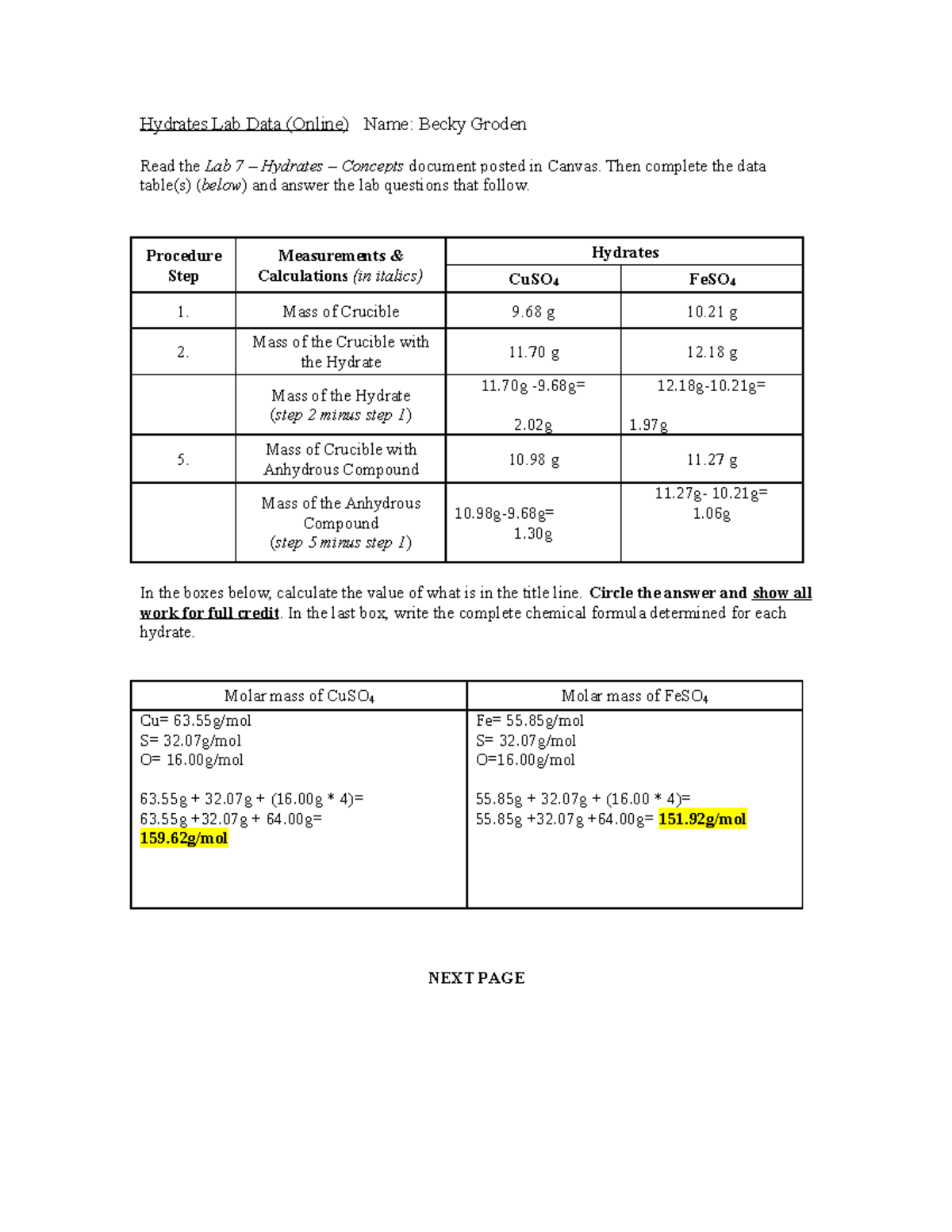 Lab 7 Hydrates OL Lab Report Hydrates Lab Data Name